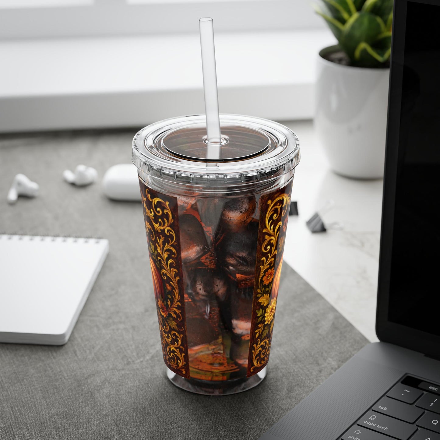 Autumn Harvest Travel Tumbler, Pumpkin Design, Fall Drinkware, Insulated Cup, Floral Decor, Seasonal Gift, BPA-Free Acrylic