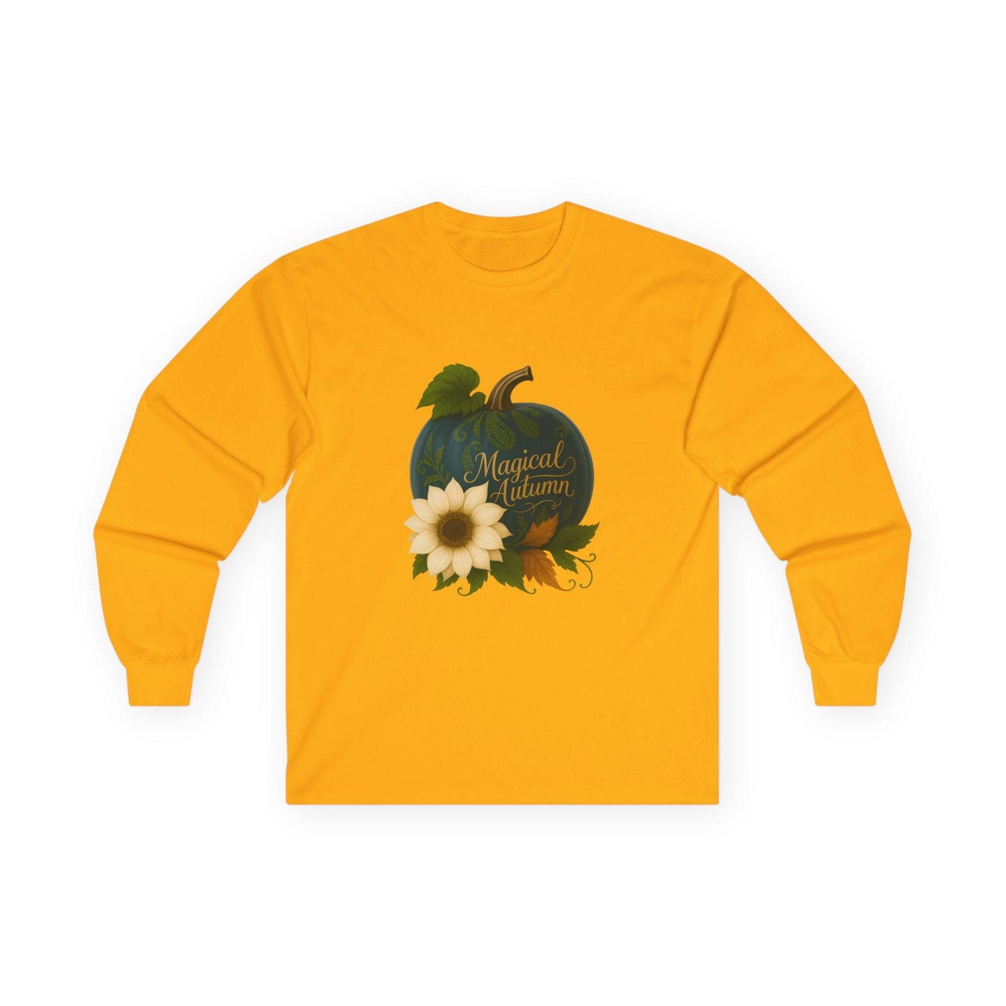 Autumn Teal Pumpkin Floral Long Sleeve T-Shirt: Cozy Fall Tee