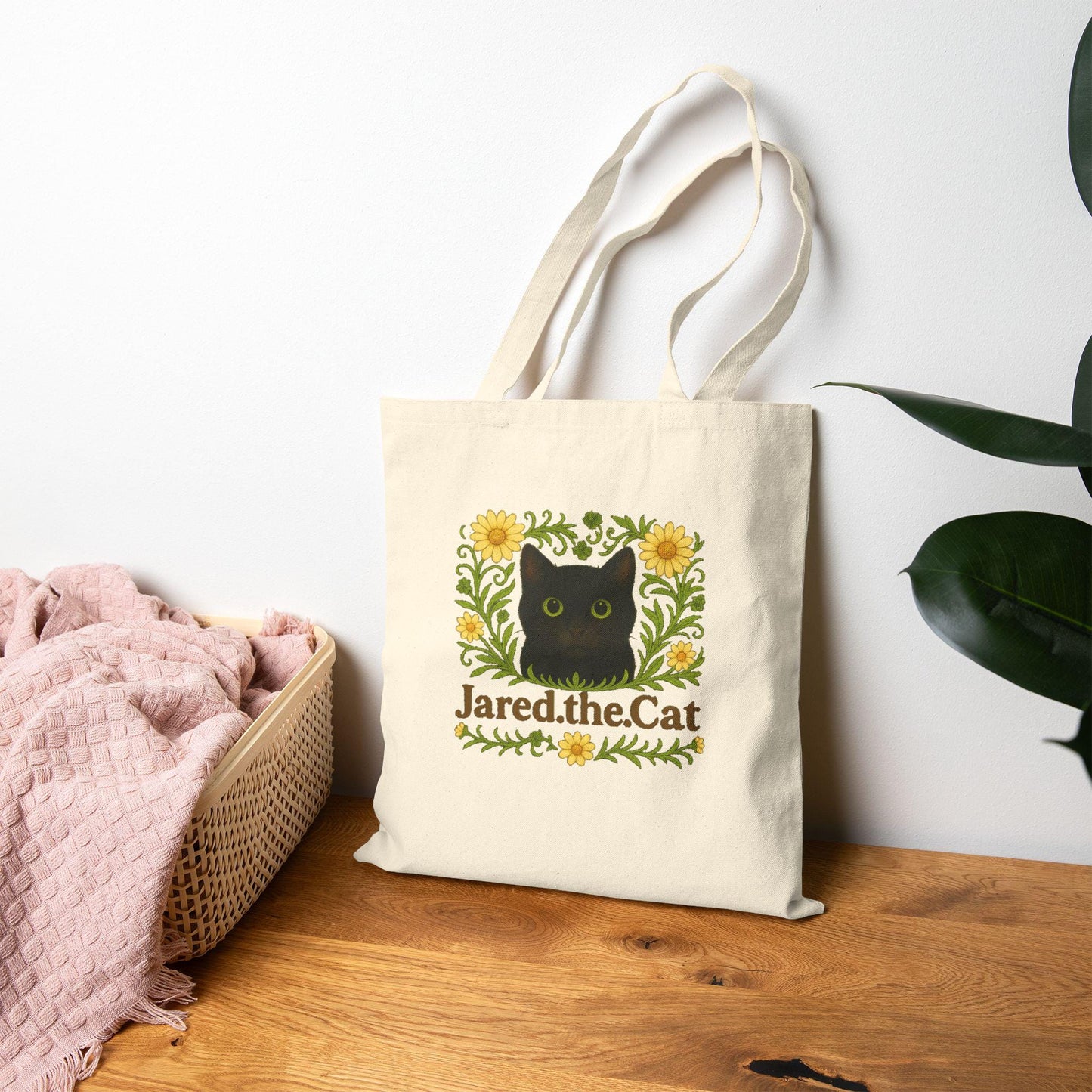 Jared the Cat Tote Bag,  Black Cat Floral Shopper, Eco-Friendly Gift, Cute Reusable Bag