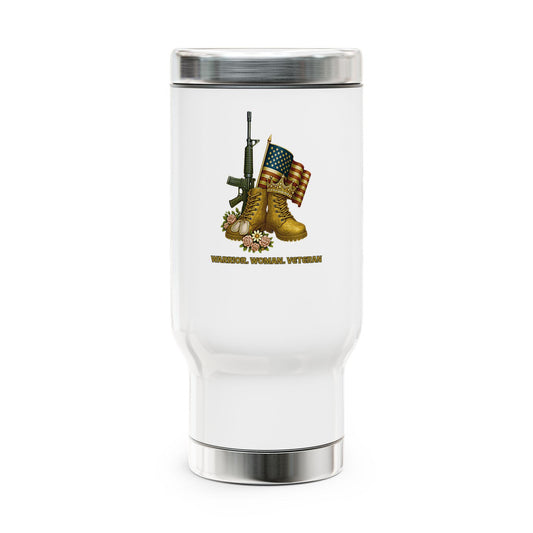 Warrior woman veteran travel mug with handle work friendly gift for her or self daily use I am the Veteran collection