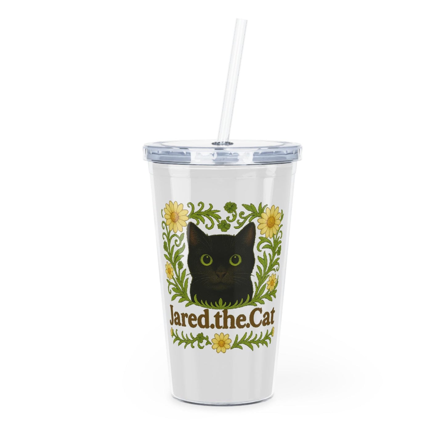 Black Cat Travel Cup, Floral Cat Plastic Tumbler with Straw,  Children's Cat Travel Cup - Jared.the.Cat Collection