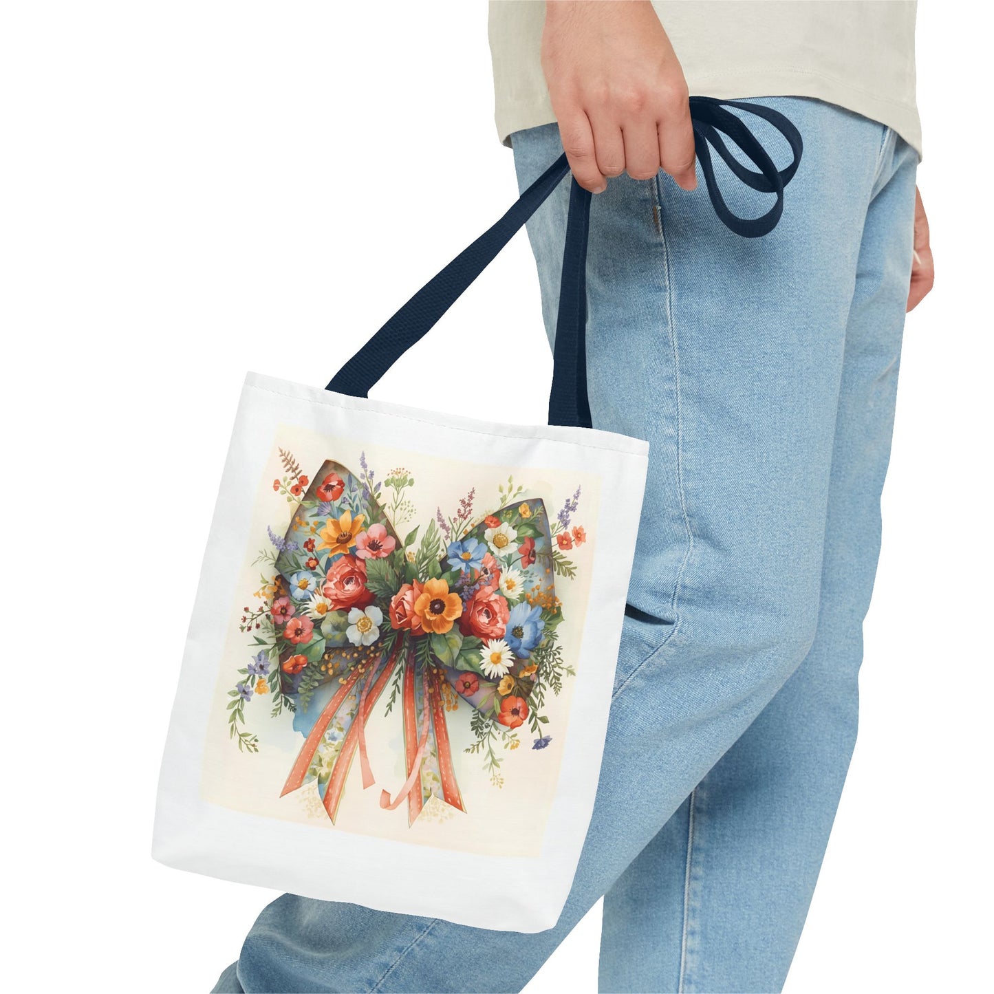 Floral Bow Tote Bag, Chic Everyday Shopper, Gift for Her, Stylish Floral Tote Reusable Shopping Bag, Cute Gift for Her - Reusable Tote Bag,