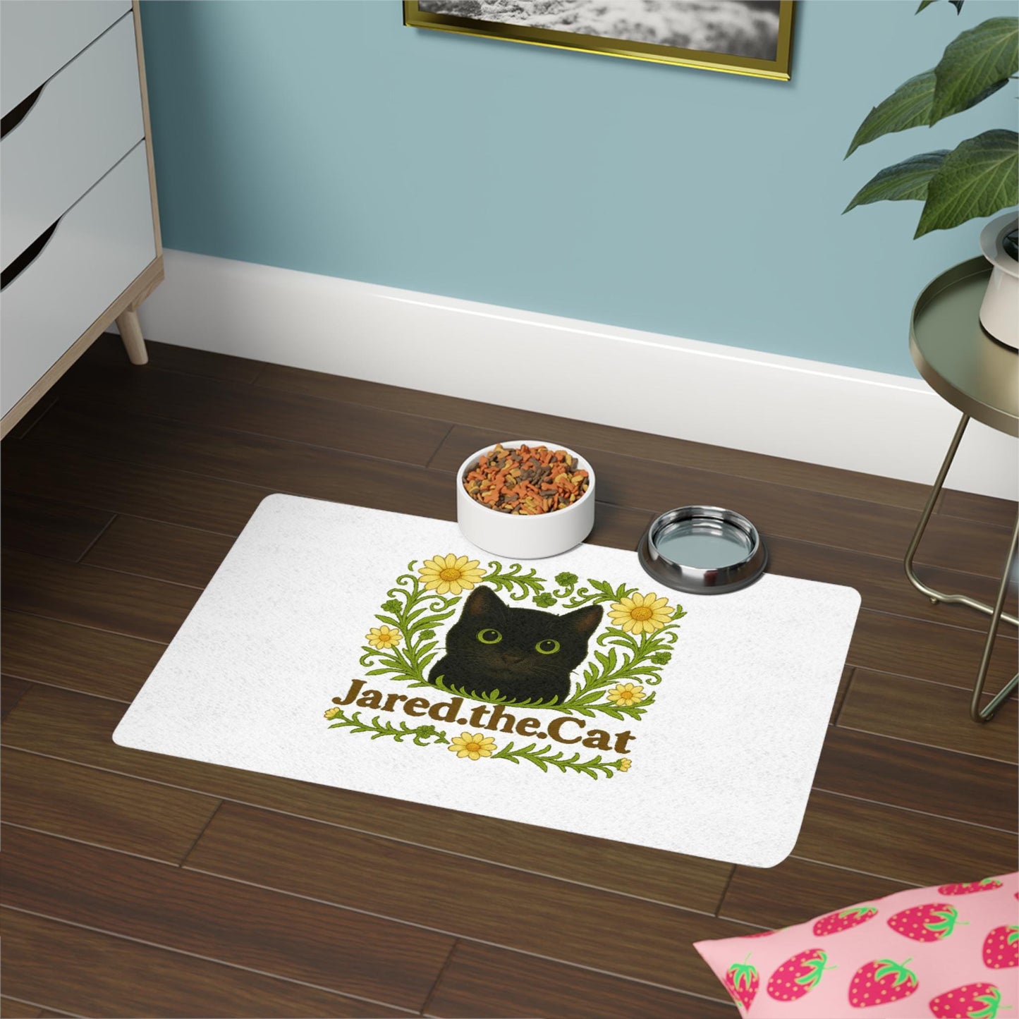 Whimsical Cat Food Mat: Jared the Cat Design, Non-Slip Polyester