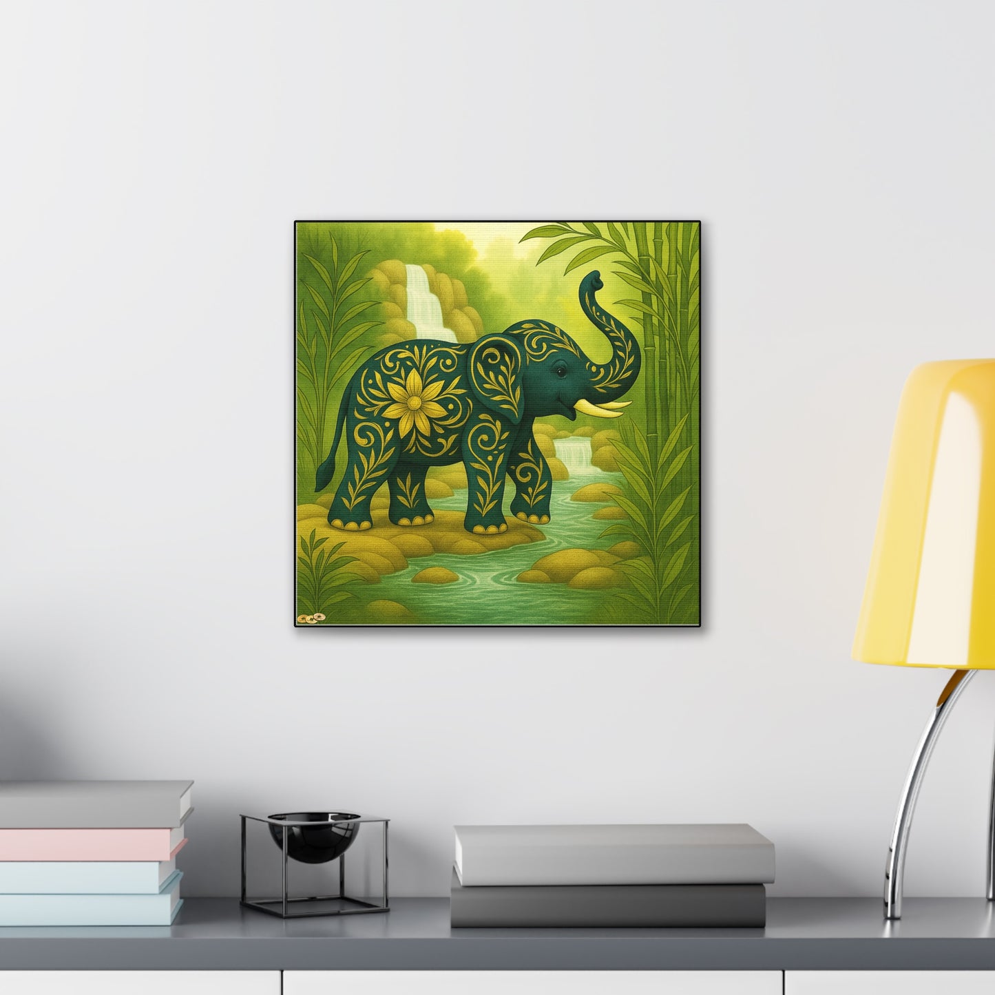 Prosperity Elephant Waterfall Art Print,  Feng Shui Elephant Wall Art, Lucky Bamboo, Abundance Décor, Serene Jungle Painting