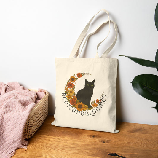 Boho Cat Tote Bag Gift for Floral Moon Cat Lovers