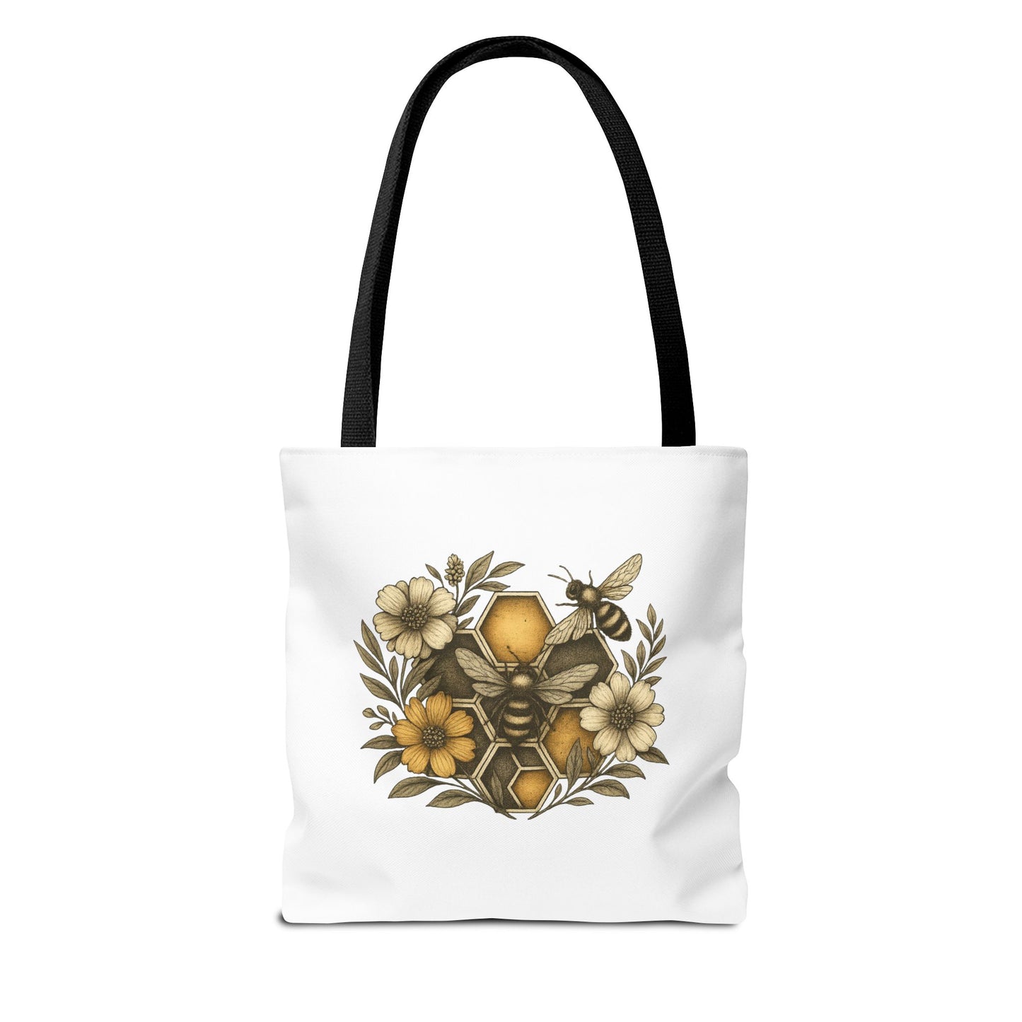 Bee & Honeycomb Tote Bag, Botanical Wildflower Hive Design, Autumn Bee Lover Gift, Bee-Inspired Floral Tote Bag,  Geometrical Shaped design