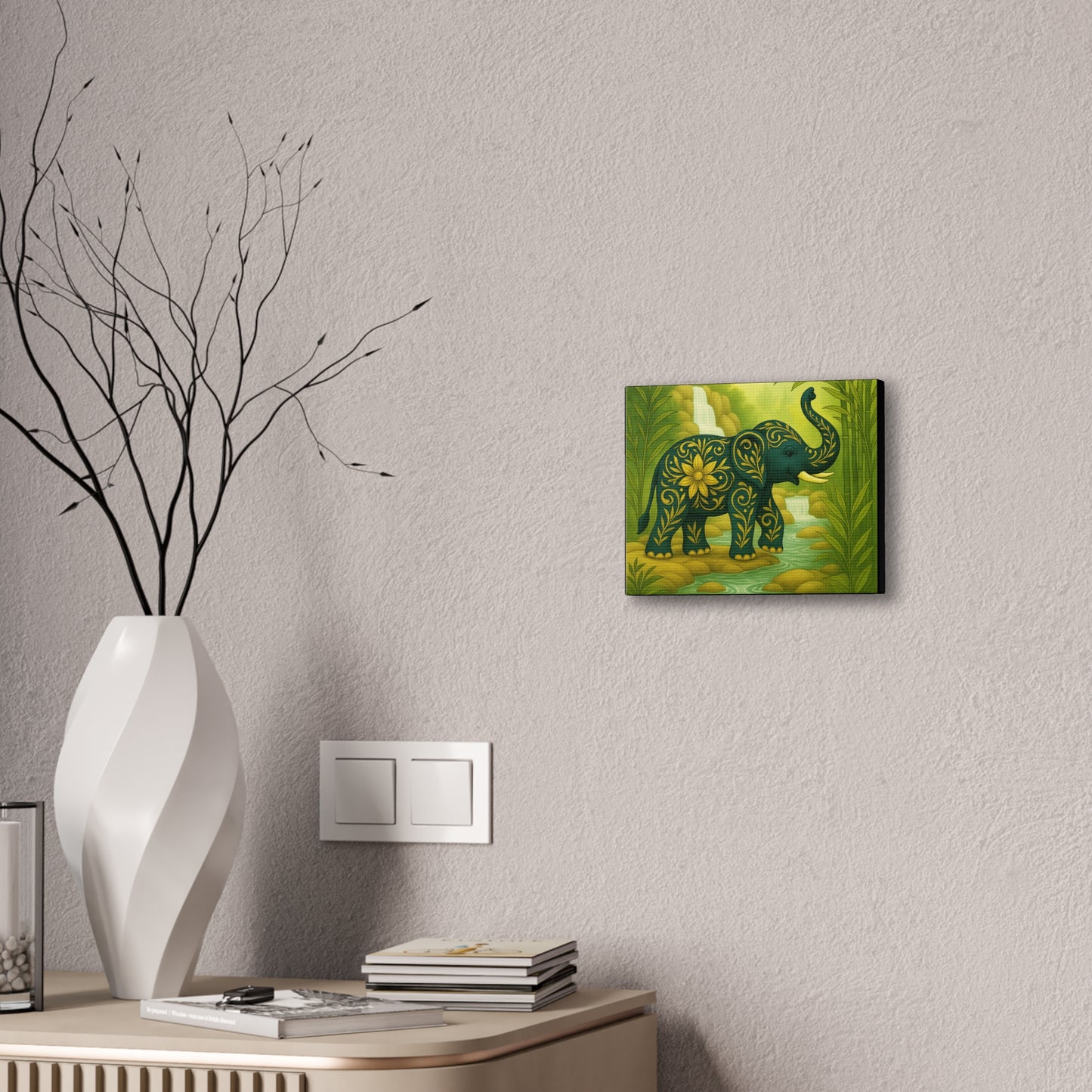 Prosperity Elephant Waterfall Art Print,  Feng Shui Elephant Wall Art, Lucky Bamboo, Abundance Décor, Serene Jungle Painting