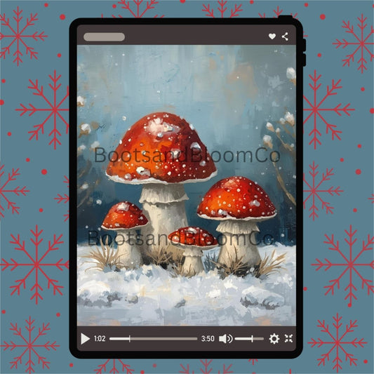 Winter Mushroom Wallpaper Set Cozy Red Toadstool Digital Download (4 Pack) Cottagecore Christmas iPad Backgrounds