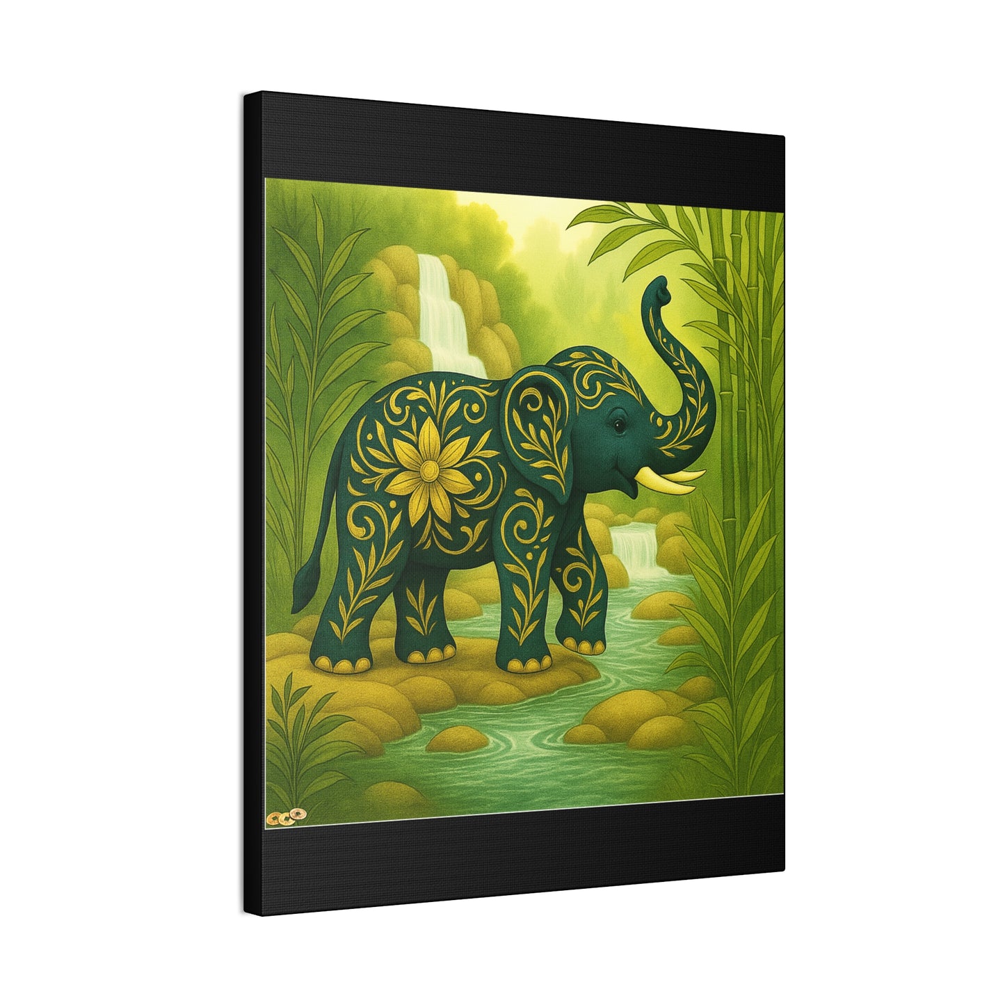 Prosperity Elephant Waterfall Art Print,  Feng Shui Elephant Wall Art, Lucky Bamboo, Abundance Décor, Serene Jungle Painting