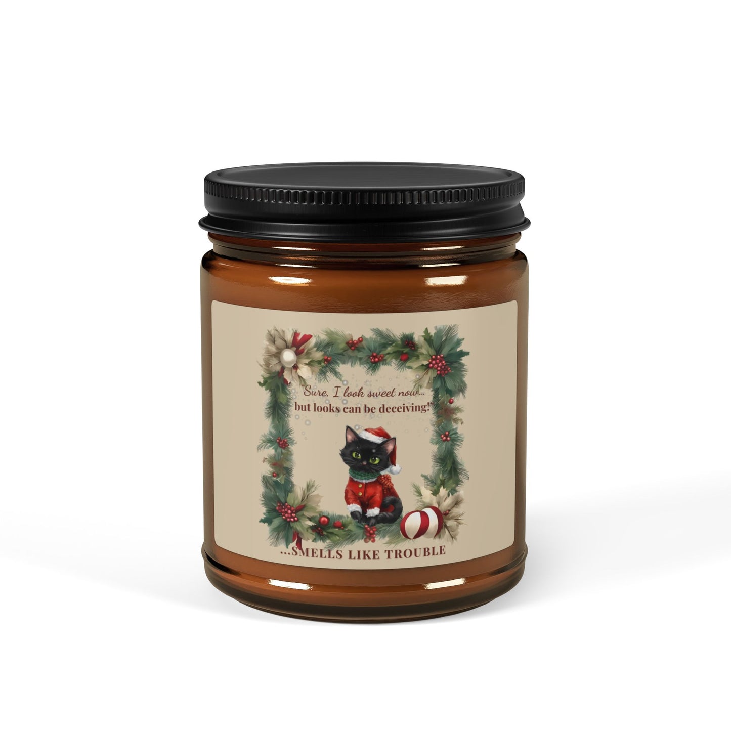 Smells Like Trouble  Christmas Candle,  Funny Black Cat Holiday Gift, Cozy Amber Jar Candle, BootsandBloomCo Holiday Collection