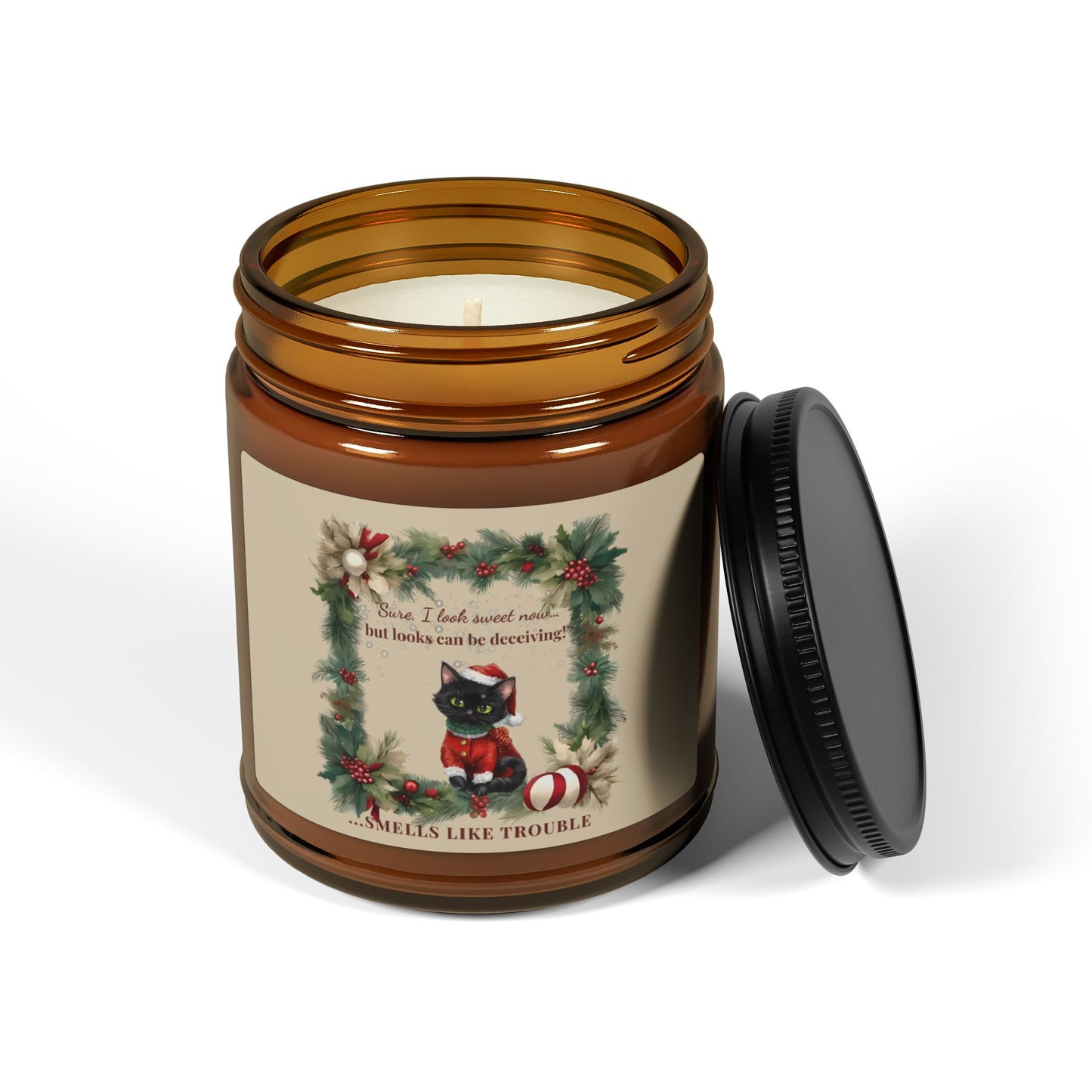 Smells Like Trouble  Christmas Candle,  Funny Black Cat Holiday Gift, Cozy Amber Jar Candle, BootsandBloomCo Holiday Collection