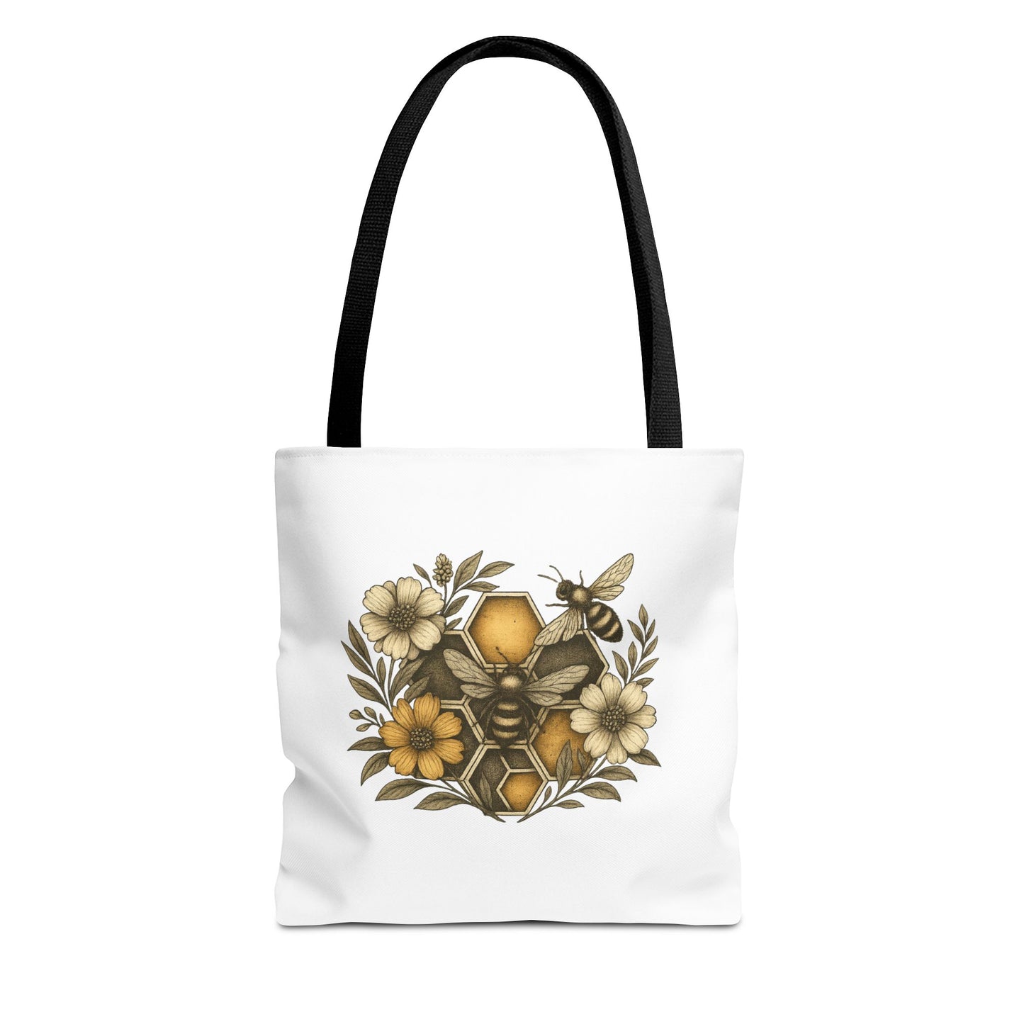 Bee & Honeycomb Tote Bag, Botanical Wildflower Hive Design, Autumn Bee Lover Gift, Bee-Inspired Floral Tote Bag,  Geometrical Shaped design