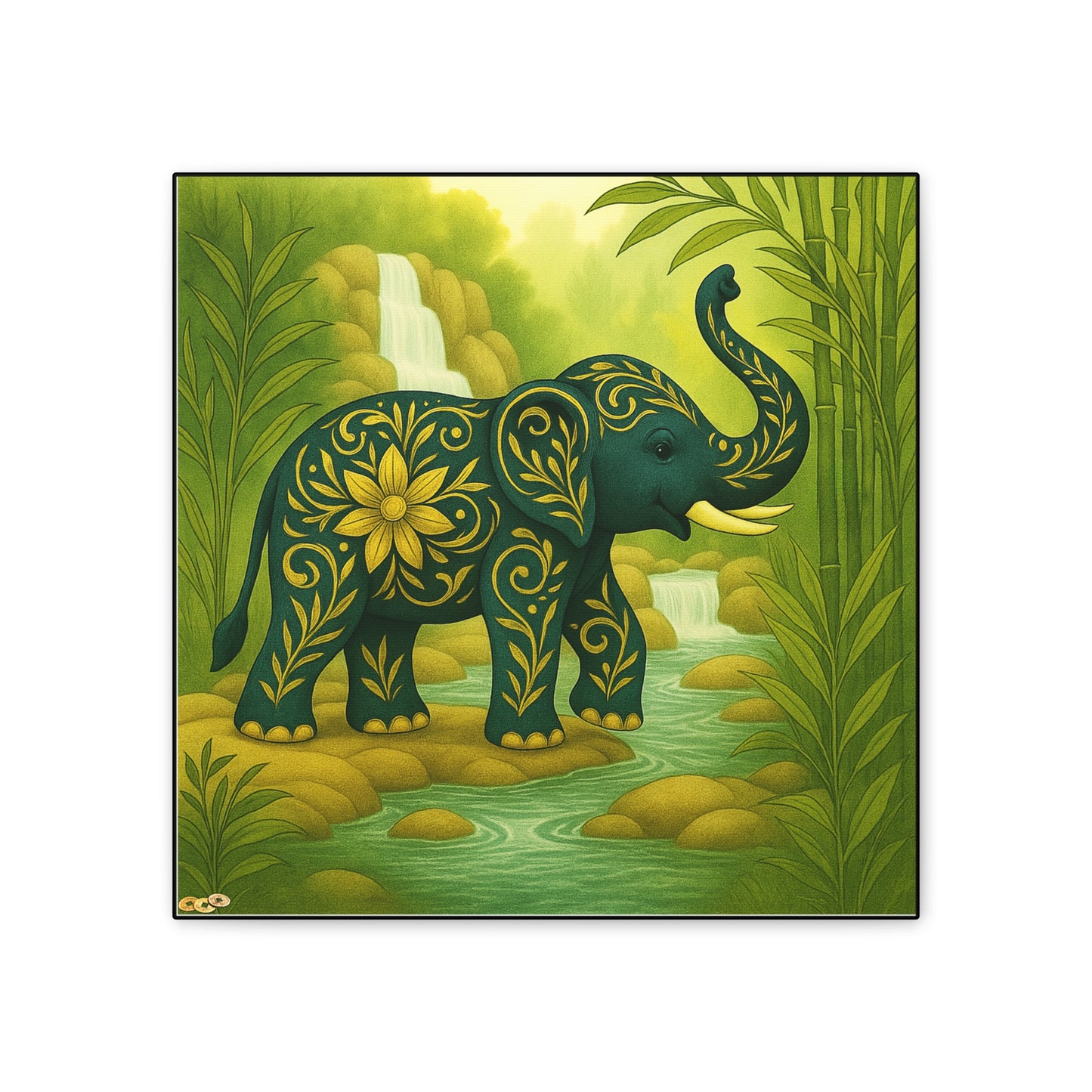 Prosperity Elephant Waterfall Art Print,  Feng Shui Elephant Wall Art, Lucky Bamboo, Abundance Décor, Serene Jungle Painting