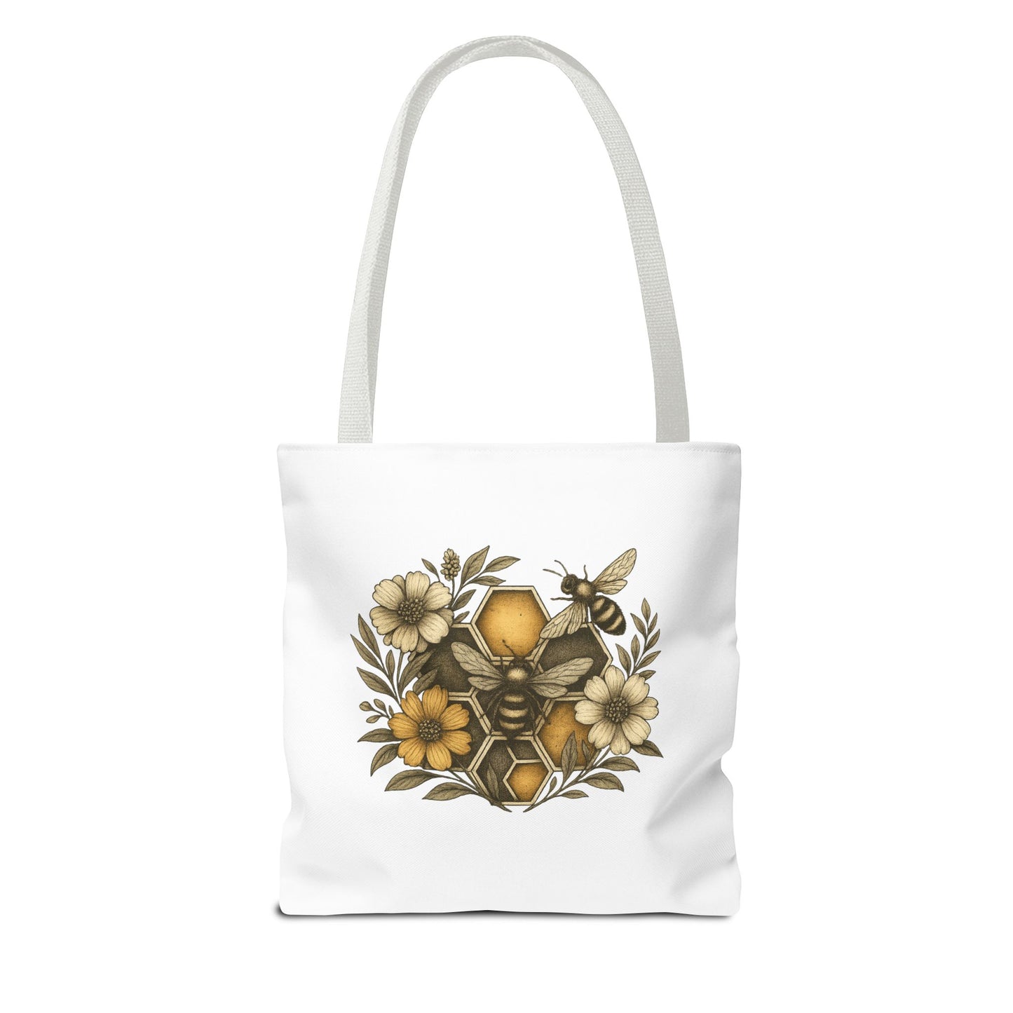 Bee & Honeycomb Tote Bag, Botanical Wildflower Hive Design, Autumn Bee Lover Gift, Bee-Inspired Floral Tote Bag,  Geometrical Shaped design