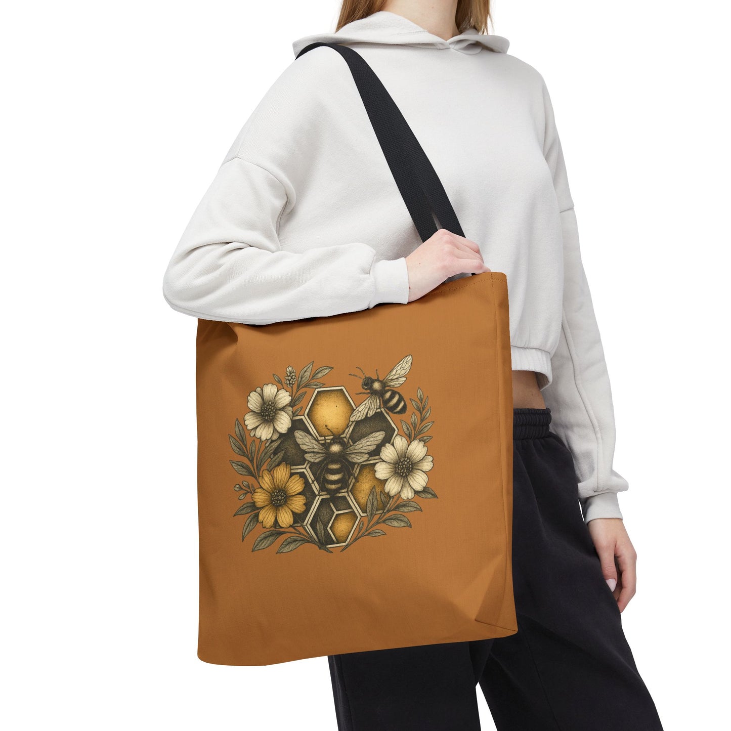Bee & Honeycomb Tote Bag, Botanical Wildflower Hive Design, Autumn Bee Lover Gift, Bee-Inspired Floral Tote Bag,  Geometrical Shaped design