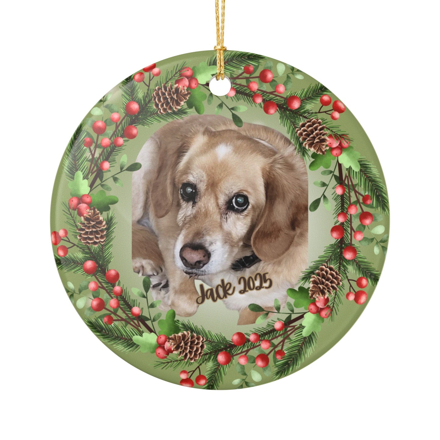 Custom Pet Photo Ornament Ceramic Pinecone Holly Holiday Decoration