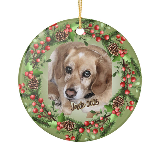 Custom Pet Photo Ornament Ceramic Pinecone Holly Holiday Decoration