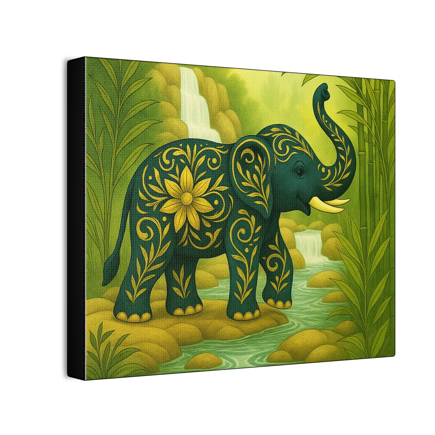 Prosperity Elephant Waterfall Art Print,  Feng Shui Elephant Wall Art, Lucky Bamboo, Abundance Décor, Serene Jungle Painting