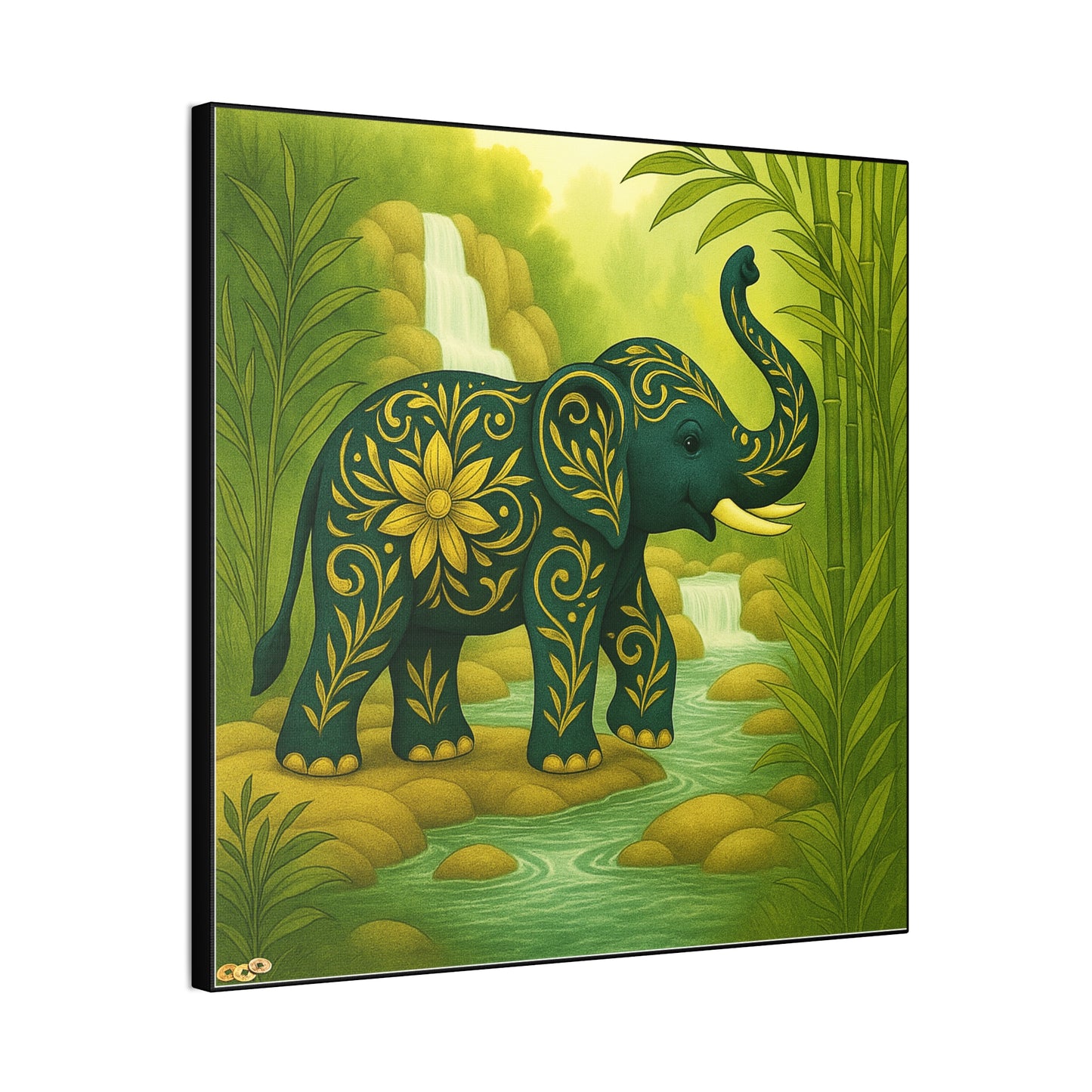 Prosperity Elephant Waterfall Art Print,  Feng Shui Elephant Wall Art, Lucky Bamboo, Abundance Décor, Serene Jungle Painting
