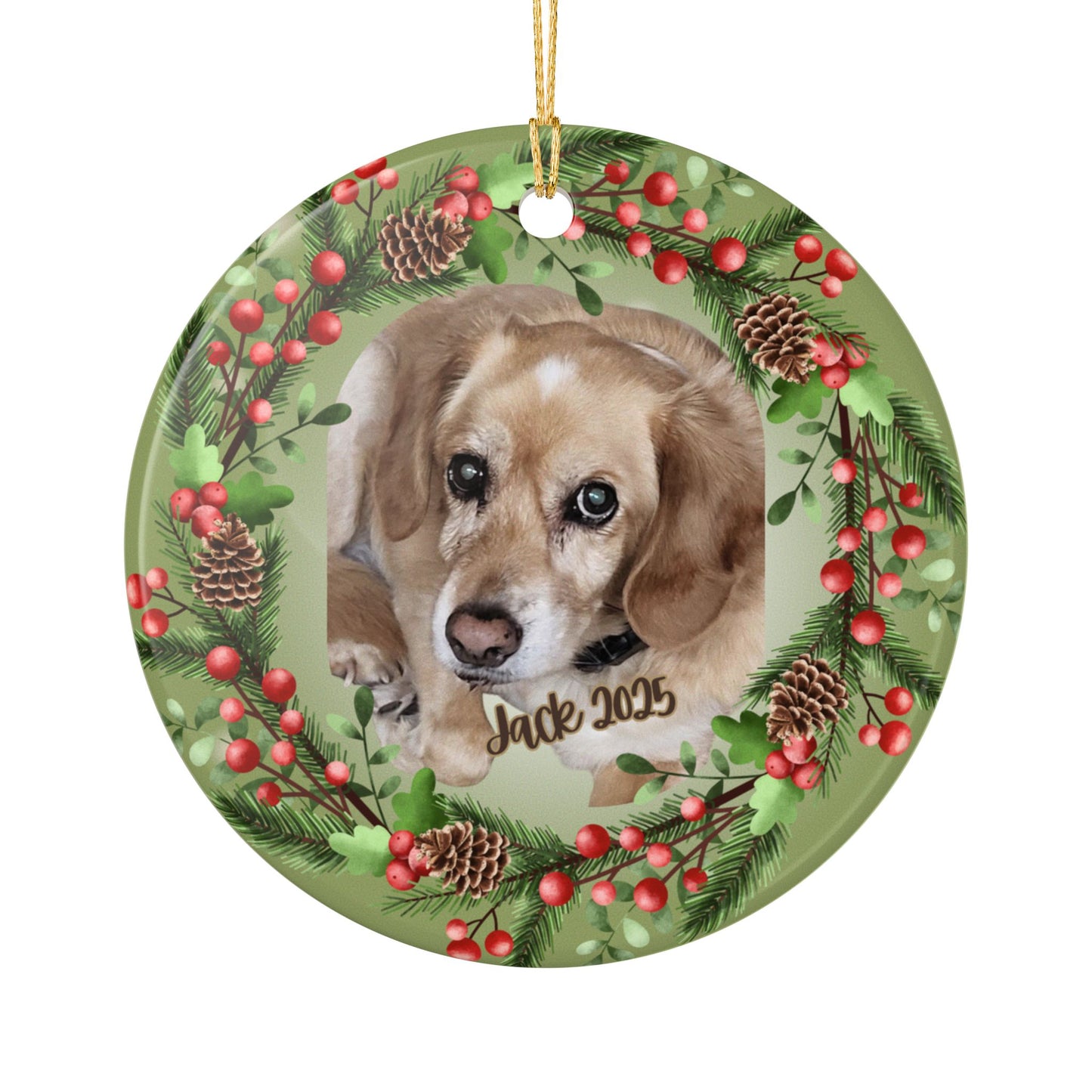 Custom Pet Photo Ornament Ceramic Pinecone Holly Holiday Decoration