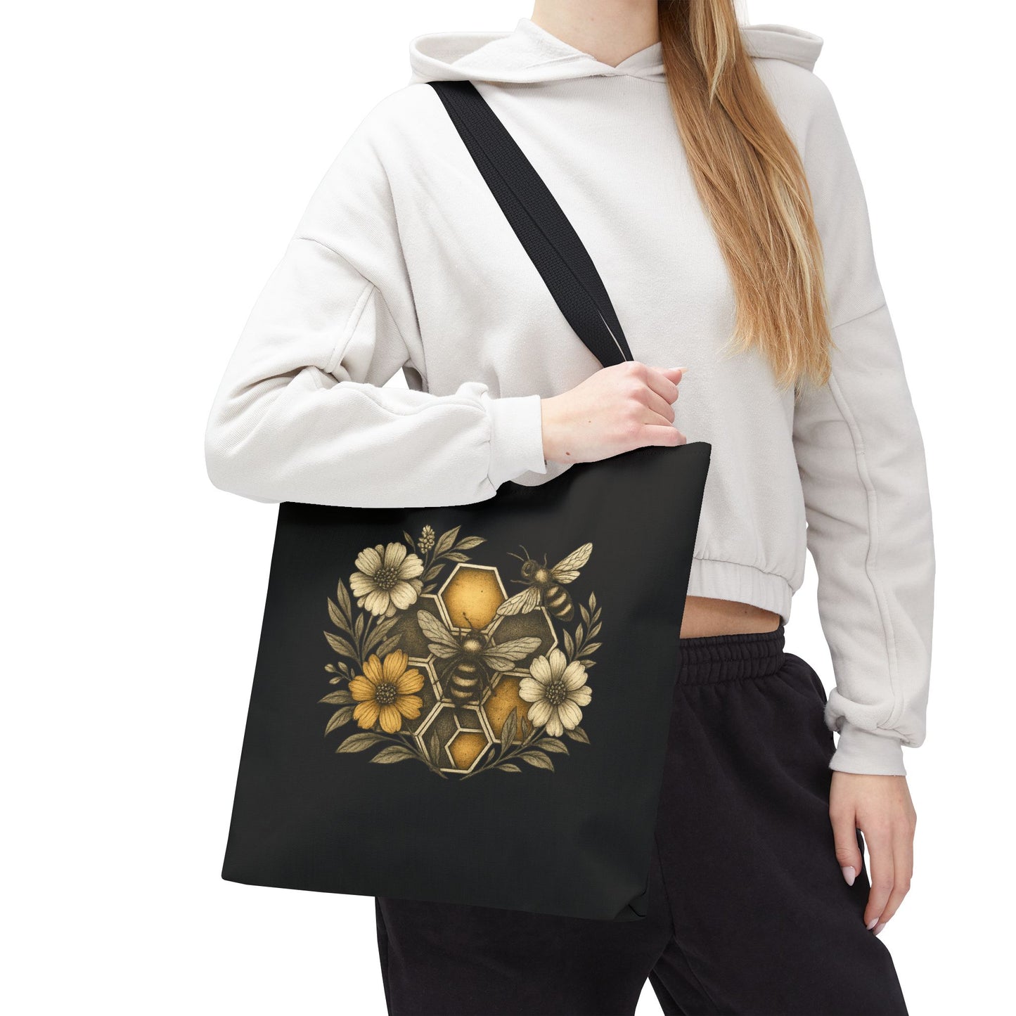 Bee & Honeycomb Tote Bag, Botanical Wildflower Hive Design, Autumn Bee Lover Gift, Bee-Inspired Floral Tote Bag,  Geometrical Shaped design