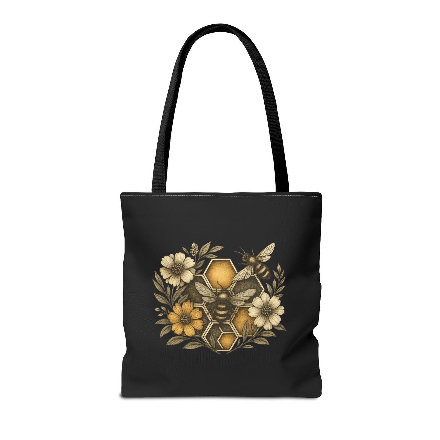 Bee & Honeycomb Tote Bag, Botanical Wildflower Hive Design, Autumn Bee Lover Gift, Bee-Inspired Floral Tote Bag,  Geometrical Shaped design