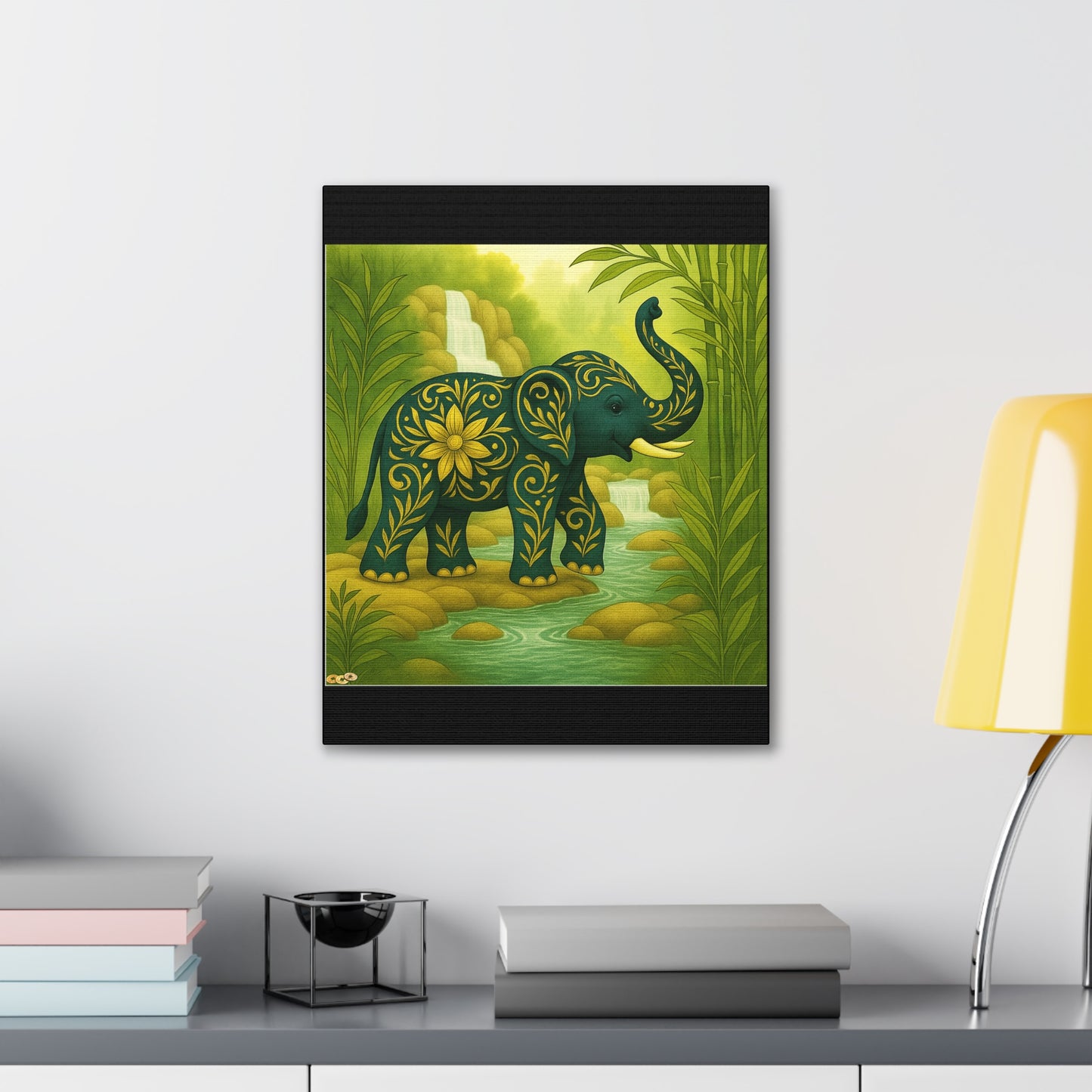 Prosperity Elephant Waterfall Art Print,  Feng Shui Elephant Wall Art, Lucky Bamboo, Abundance Décor, Serene Jungle Painting
