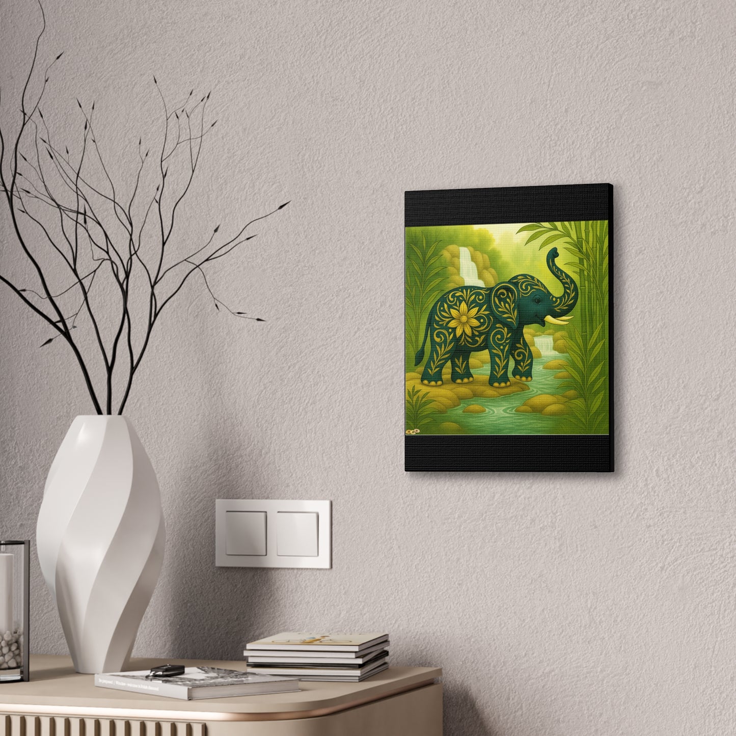 Prosperity Elephant Waterfall Art Print,  Feng Shui Elephant Wall Art, Lucky Bamboo, Abundance Décor, Serene Jungle Painting