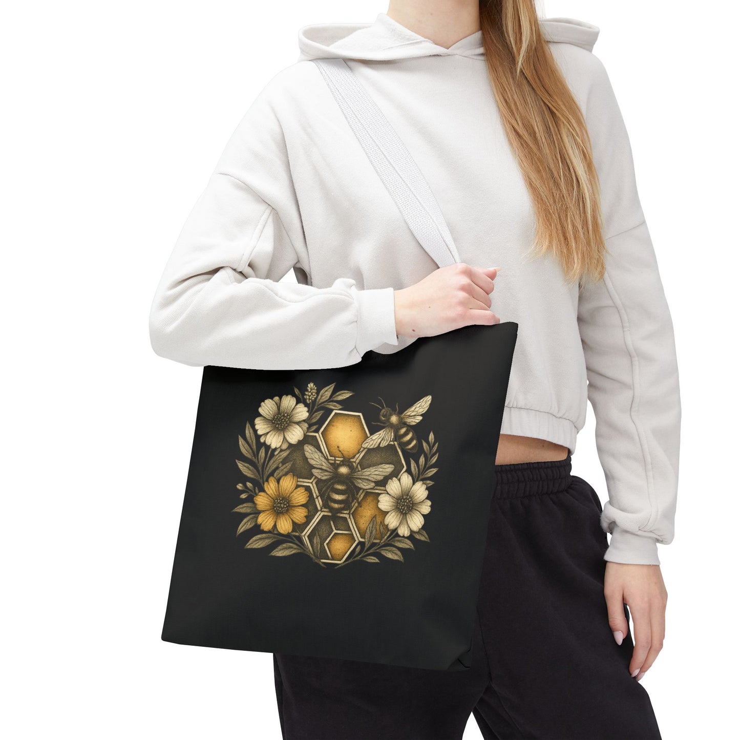 Bee & Honeycomb Tote Bag, Botanical Wildflower Hive Design, Autumn Bee Lover Gift, Bee-Inspired Floral Tote Bag,  Geometrical Shaped design