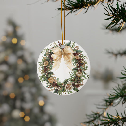 Farmhouse Floral Wreath Ceramic Ornament | Round Double-Sided Holiday Decoration