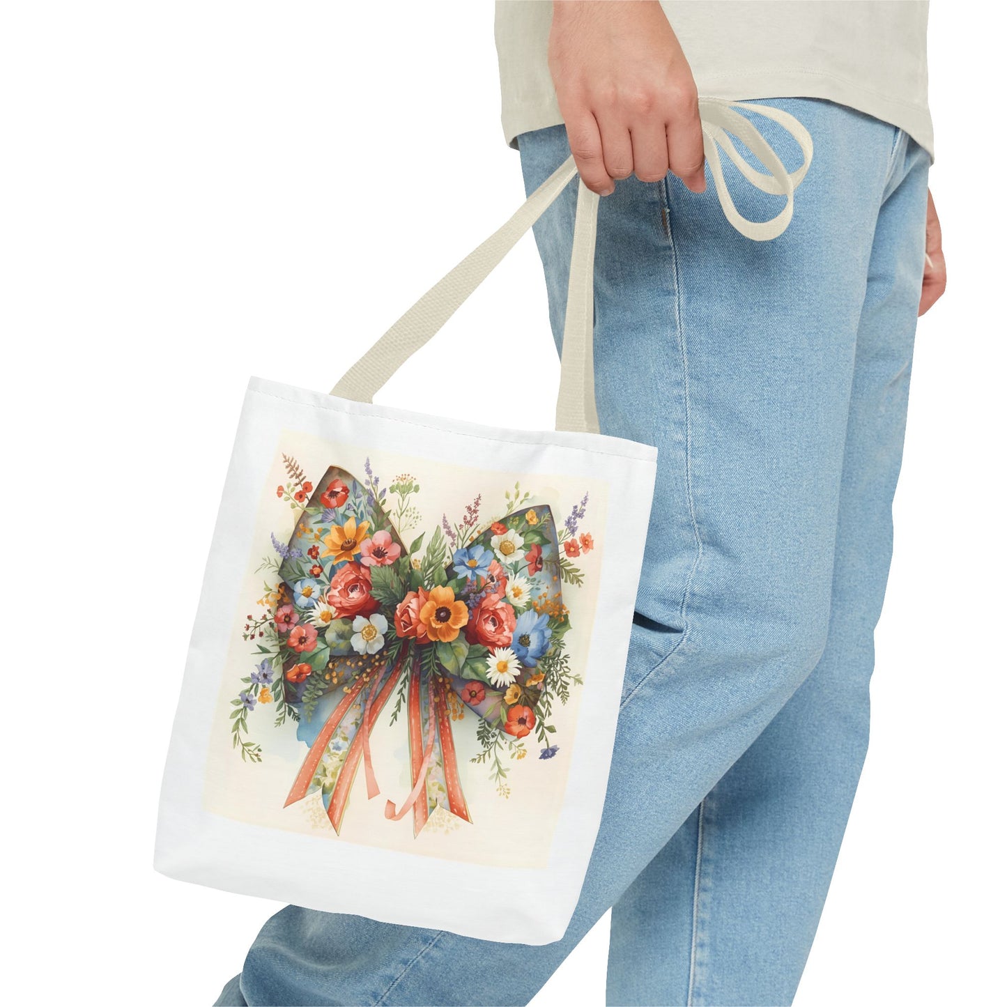 Floral Bow Tote Bag, Chic Everyday Shopper, Gift for Her, Stylish Floral Tote Reusable Shopping Bag, Cute Gift for Her - Reusable Tote Bag,