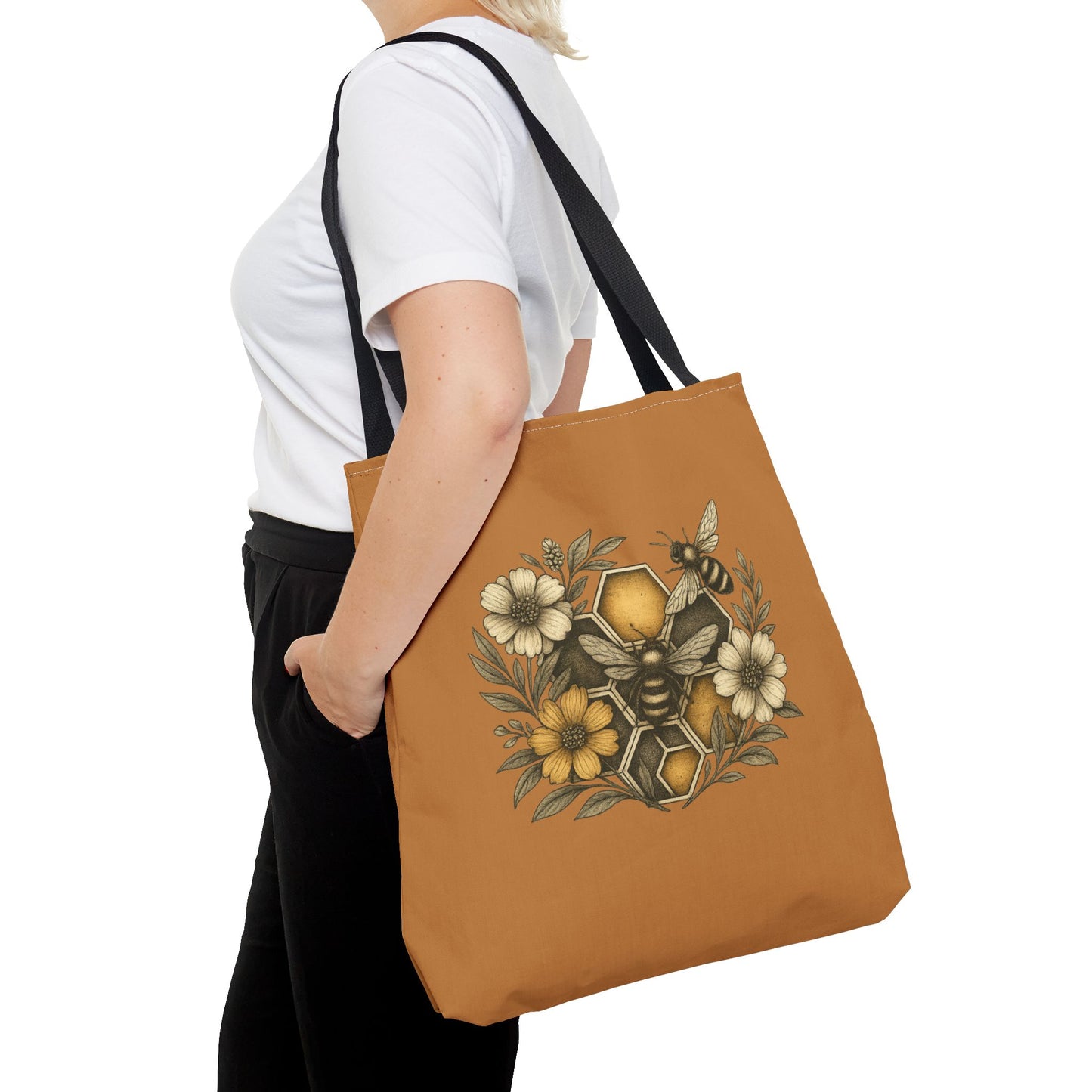 Bee & Honeycomb Tote Bag, Botanical Wildflower Hive Design, Autumn Bee Lover Gift, Bee-Inspired Floral Tote Bag,  Geometrical Shaped design