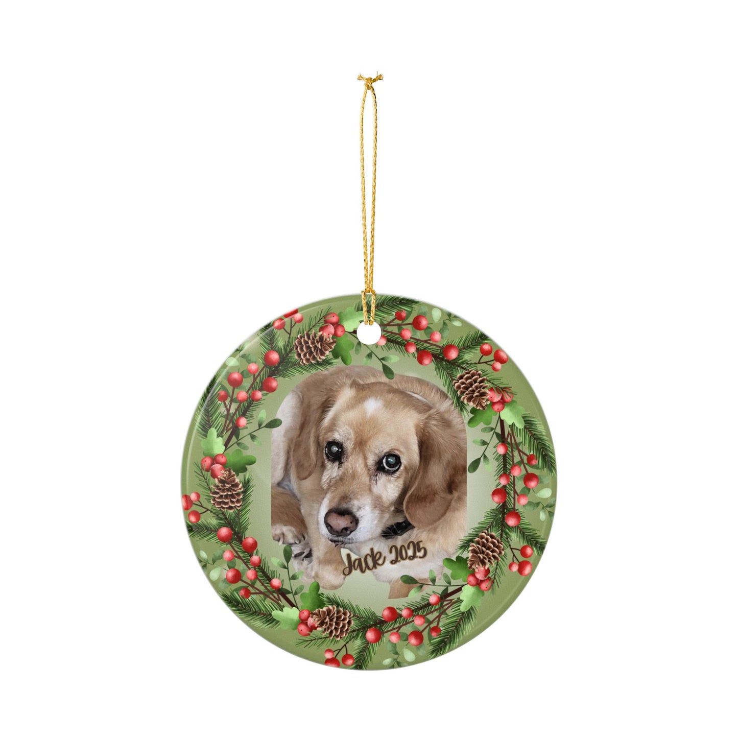Custom Pet Photo Ornament Ceramic Pinecone Holly Holiday Decoration