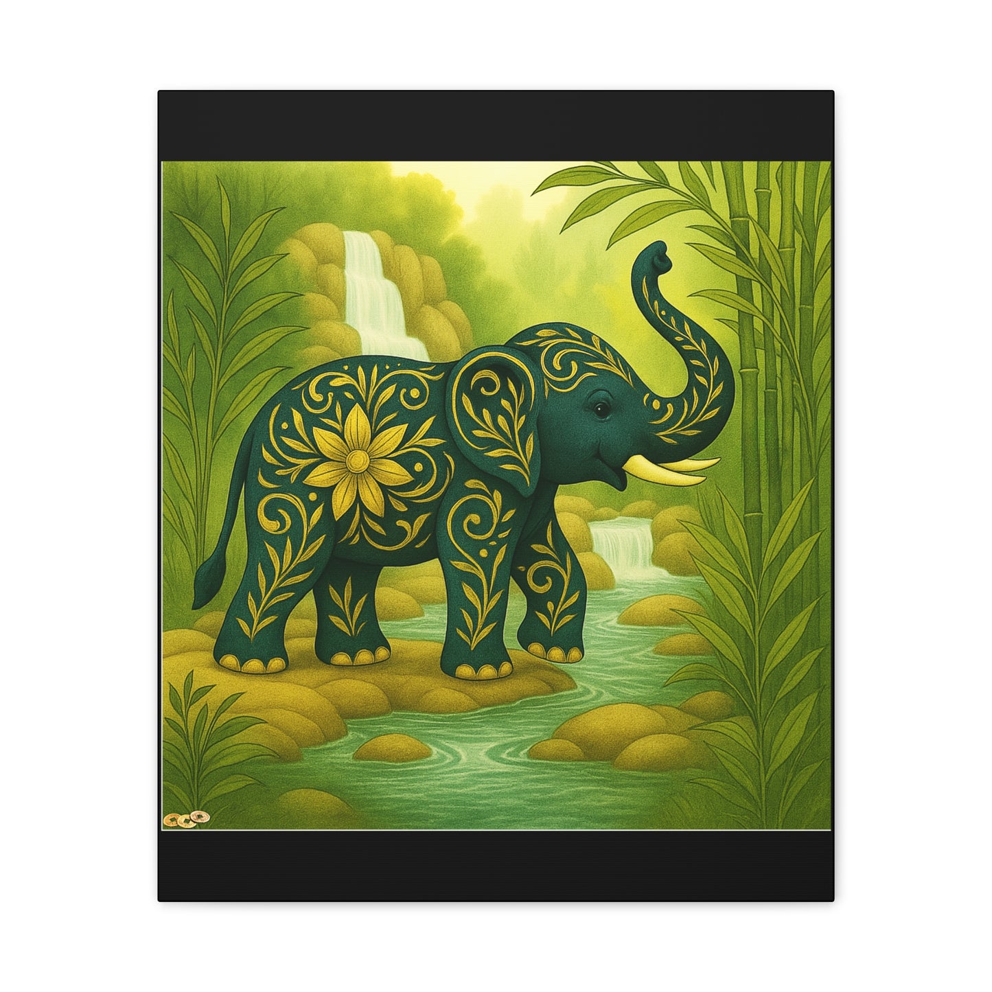 Prosperity Elephant Waterfall Art Print,  Feng Shui Elephant Wall Art, Lucky Bamboo, Abundance Décor, Serene Jungle Painting
