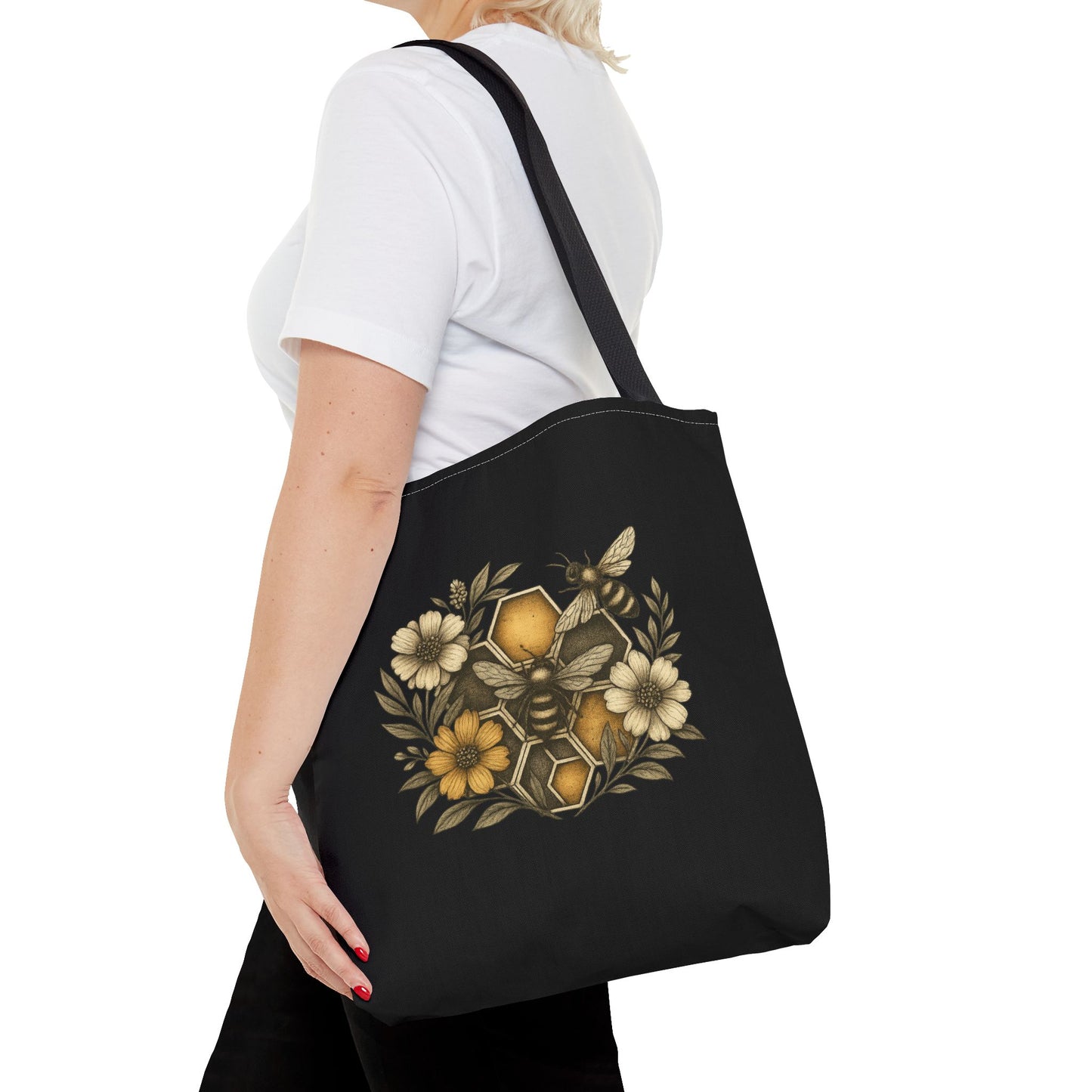 Bee & Honeycomb Tote Bag, Botanical Wildflower Hive Design, Autumn Bee Lover Gift, Bee-Inspired Floral Tote Bag,  Geometrical Shaped design
