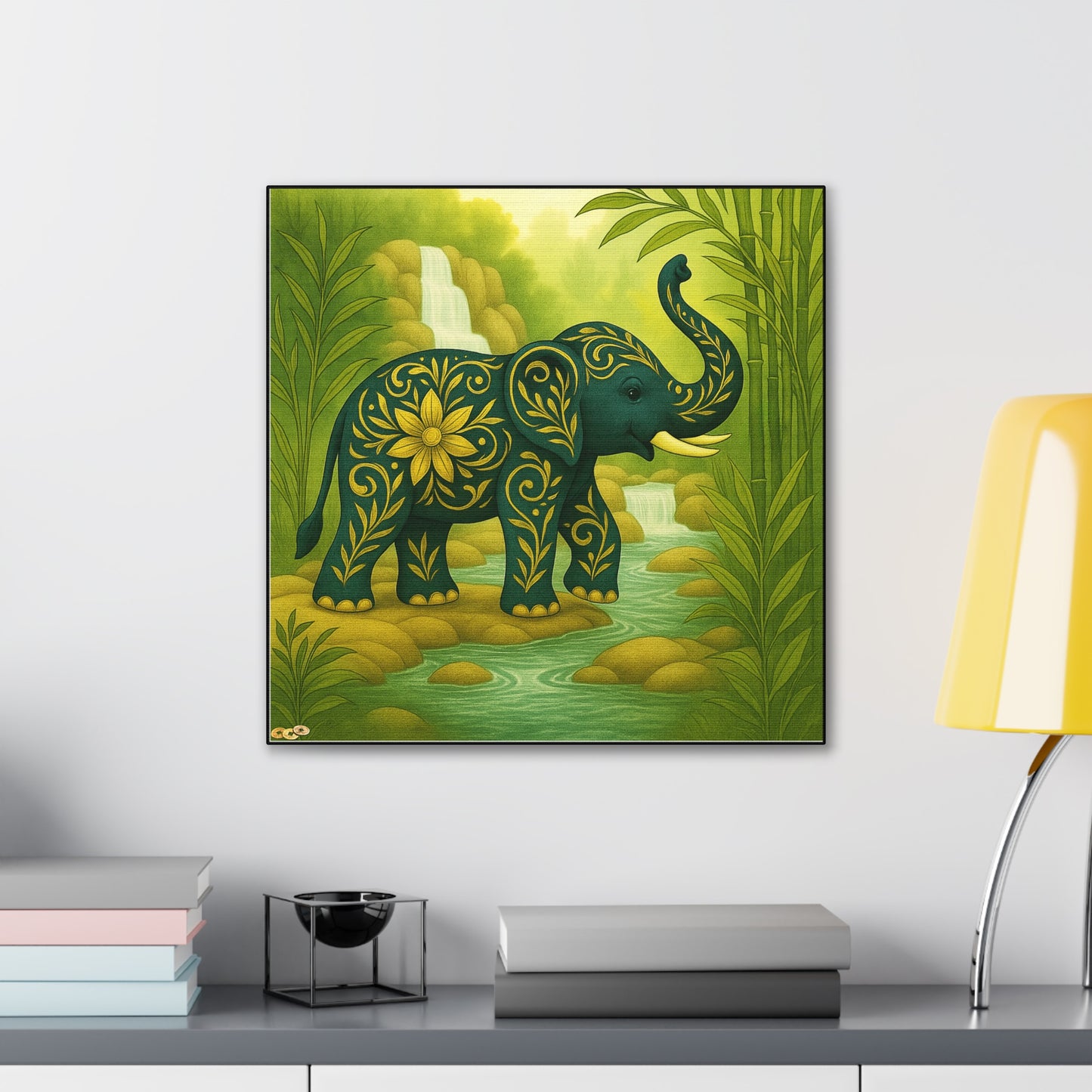 Prosperity Elephant Waterfall Art Print,  Feng Shui Elephant Wall Art, Lucky Bamboo, Abundance Décor, Serene Jungle Painting