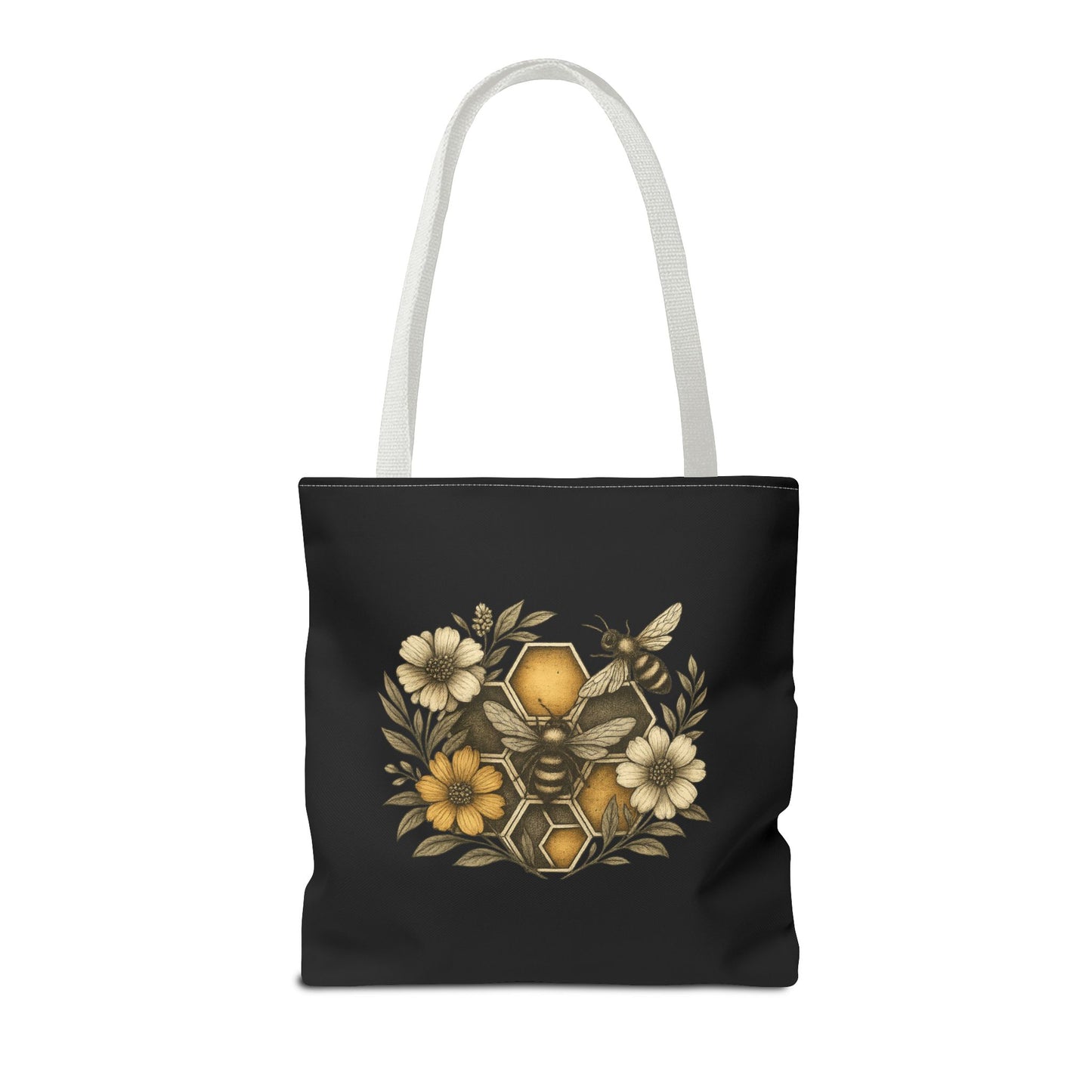Bee & Honeycomb Tote Bag, Botanical Wildflower Hive Design, Autumn Bee Lover Gift, Bee-Inspired Floral Tote Bag,  Geometrical Shaped design
