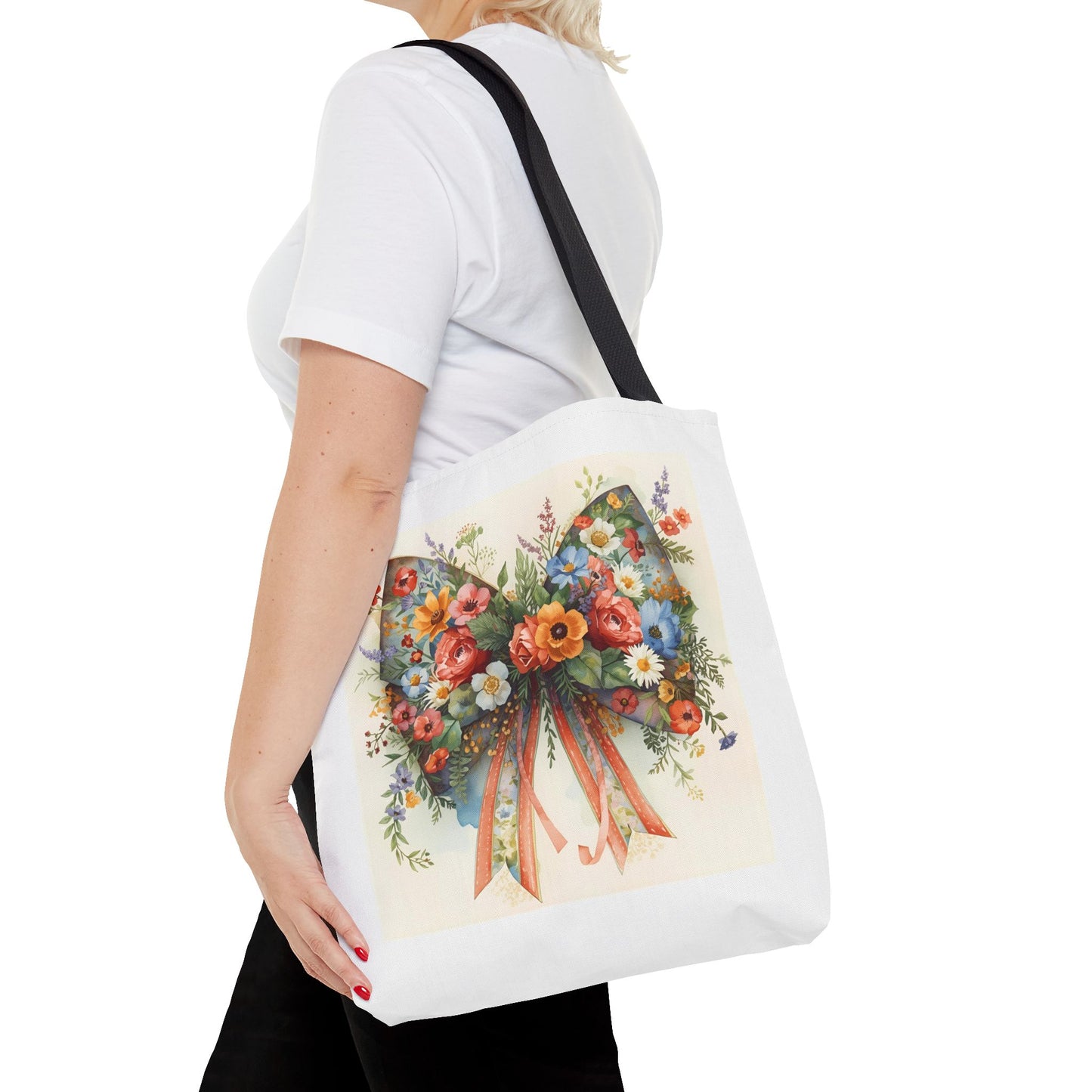 Floral Bow Tote Bag, Chic Everyday Shopper, Gift for Her, Stylish Floral Tote Reusable Shopping Bag, Cute Gift for Her - Reusable Tote Bag,
