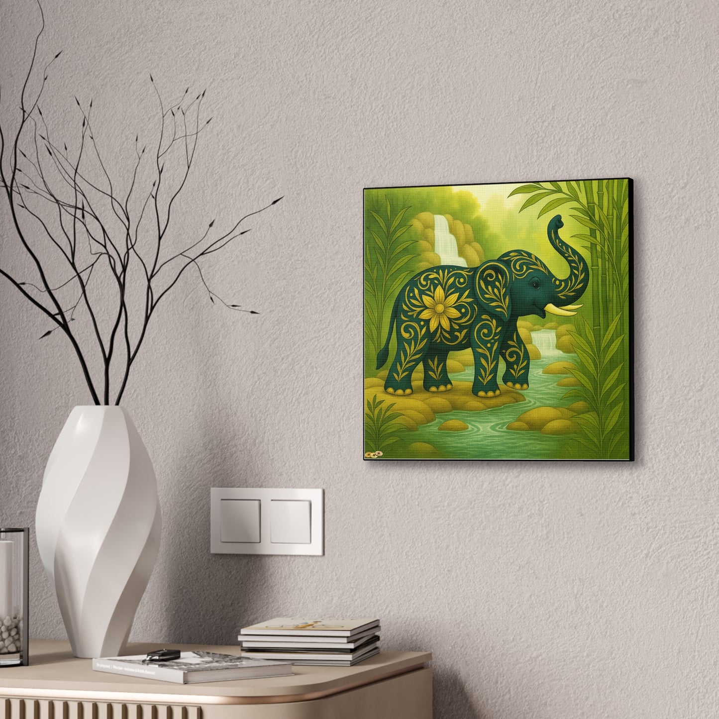 Prosperity Elephant Waterfall Art Print,  Feng Shui Elephant Wall Art, Lucky Bamboo, Abundance Décor, Serene Jungle Painting