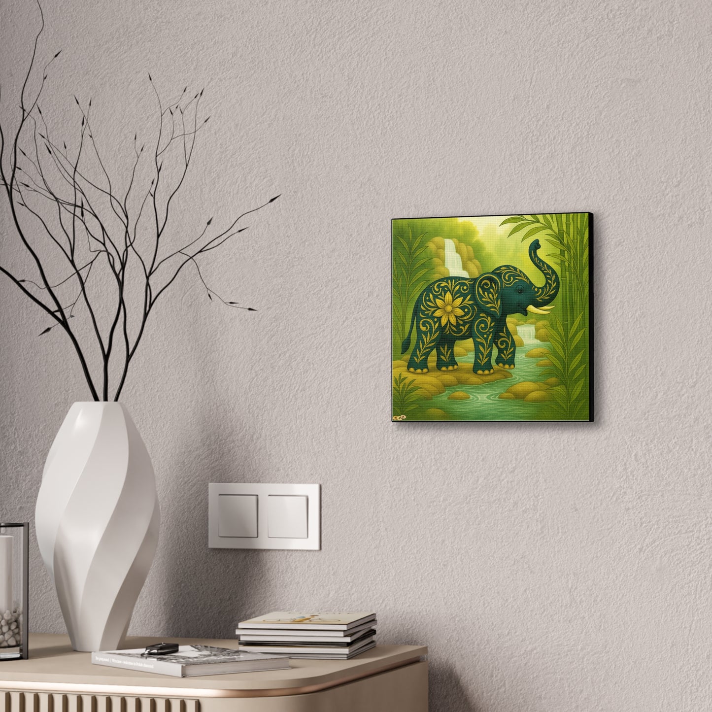 Prosperity Elephant Waterfall Art Print,  Feng Shui Elephant Wall Art, Lucky Bamboo, Abundance Décor, Serene Jungle Painting