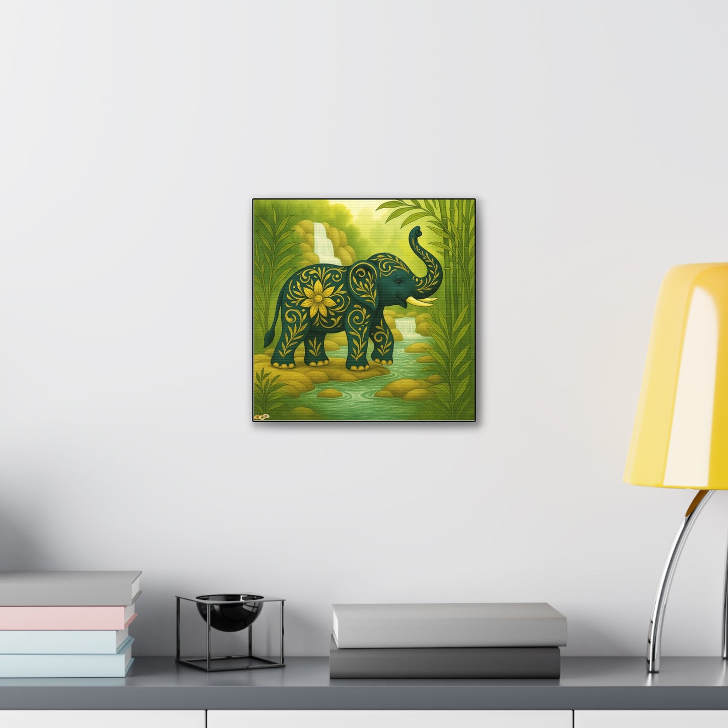 Prosperity Elephant Waterfall Art Print,  Feng Shui Elephant Wall Art, Lucky Bamboo, Abundance Décor, Serene Jungle Painting