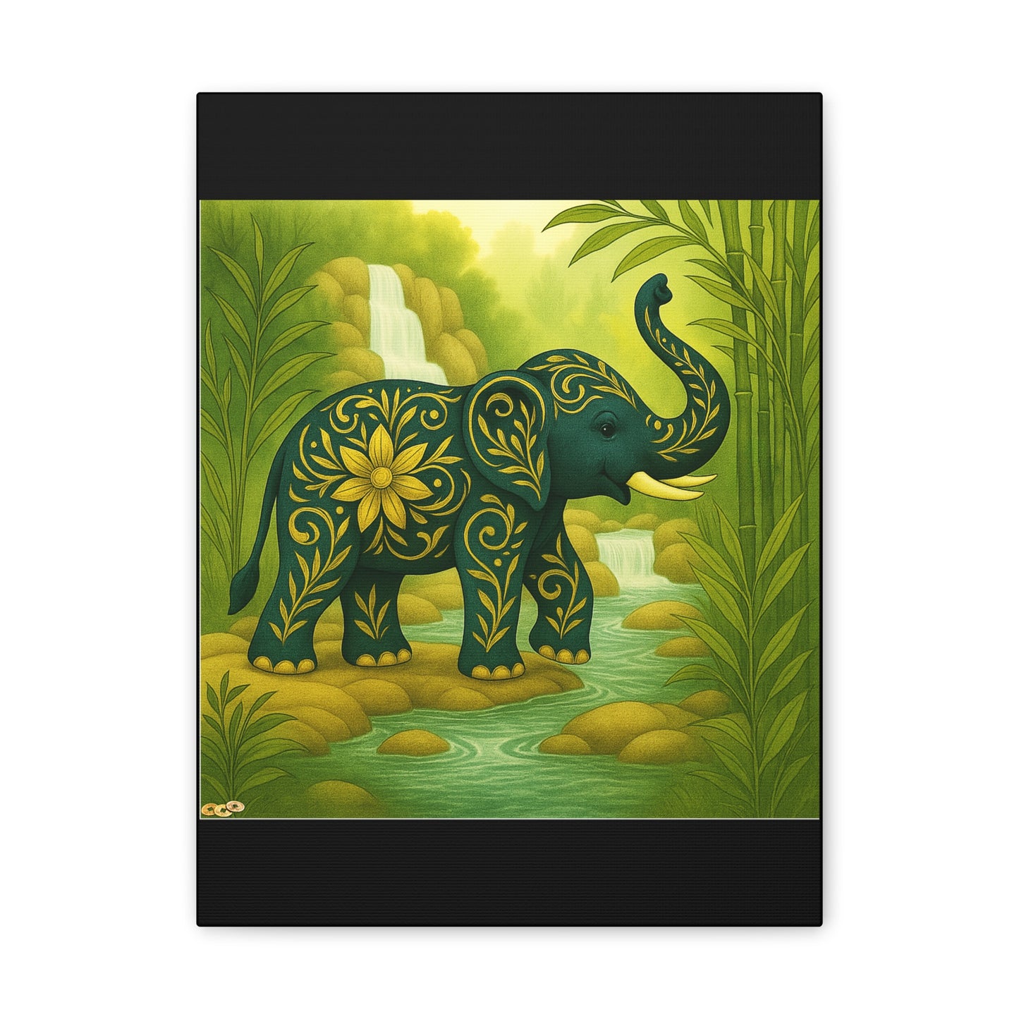 Prosperity Elephant Waterfall Art Print,  Feng Shui Elephant Wall Art, Lucky Bamboo, Abundance Décor, Serene Jungle Painting