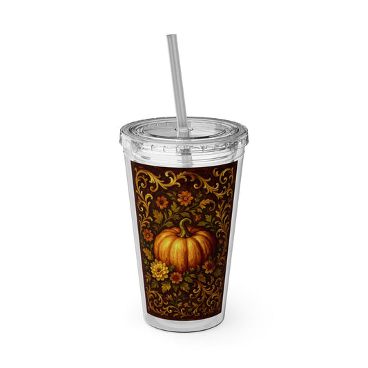 Autumn Harvest Travel Tumbler, Pumpkin Design, Fall Drinkware, Insulated Cup, Floral Decor, Seasonal Gift, BPA-Free Acrylic