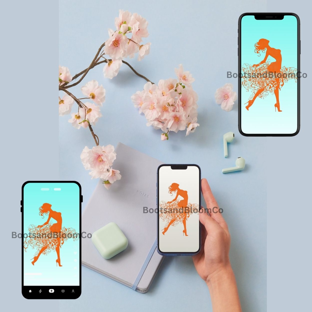 Showgirl Silhouette Phone Wallpaper Set Aqua + Cream Digital Lock Screen Download