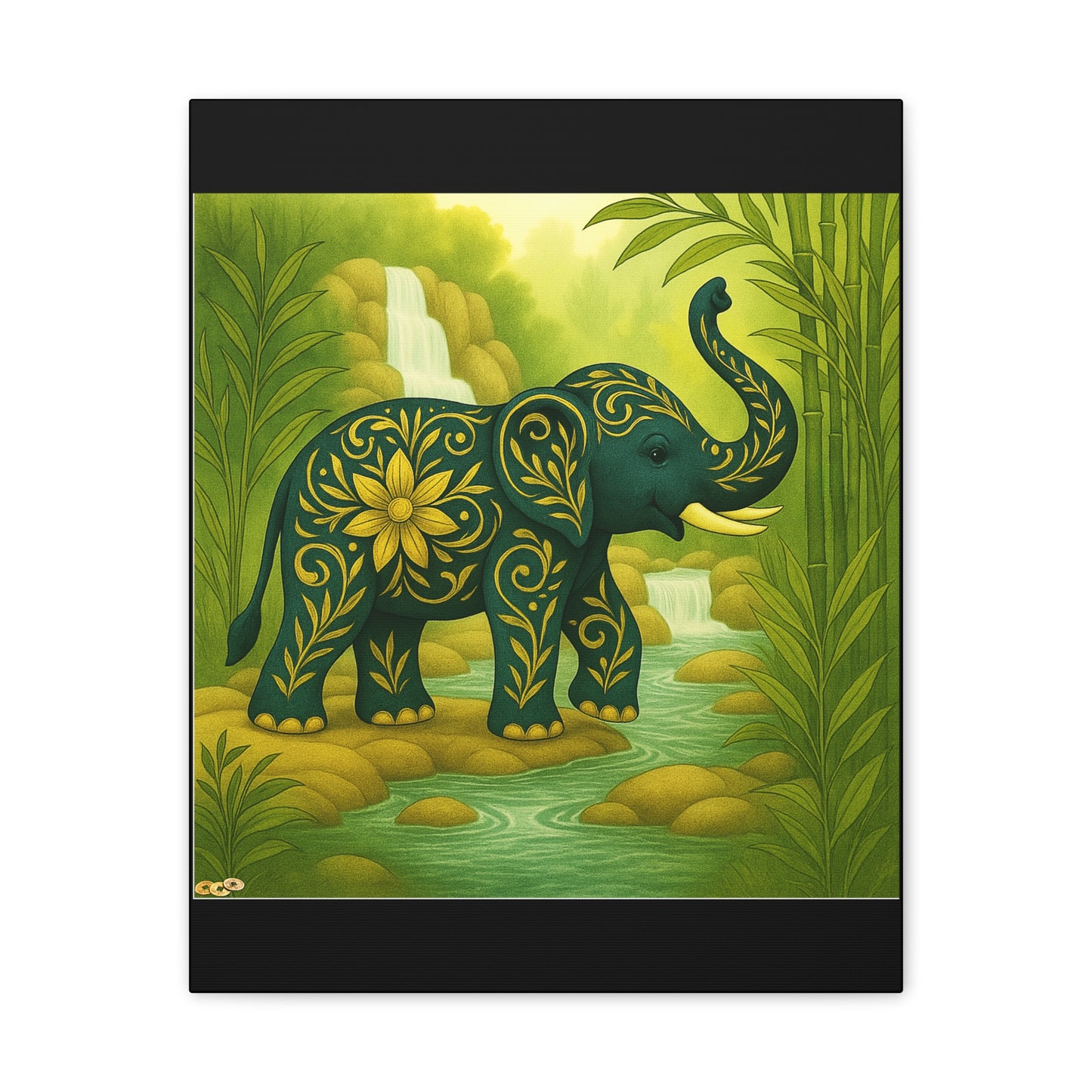 Prosperity Elephant Waterfall Art Print,  Feng Shui Elephant Wall Art, Lucky Bamboo, Abundance Décor, Serene Jungle Painting