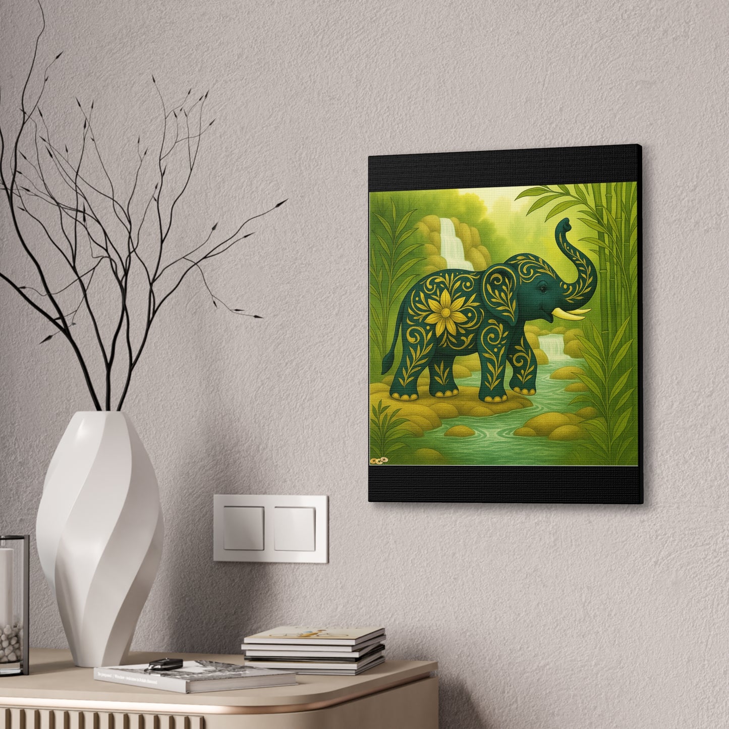 Prosperity Elephant Waterfall Art Print,  Feng Shui Elephant Wall Art, Lucky Bamboo, Abundance Décor, Serene Jungle Painting
