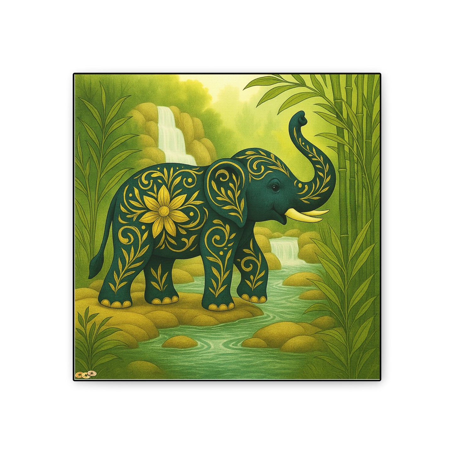 Prosperity Elephant Waterfall Art Print,  Feng Shui Elephant Wall Art, Lucky Bamboo, Abundance Décor, Serene Jungle Painting