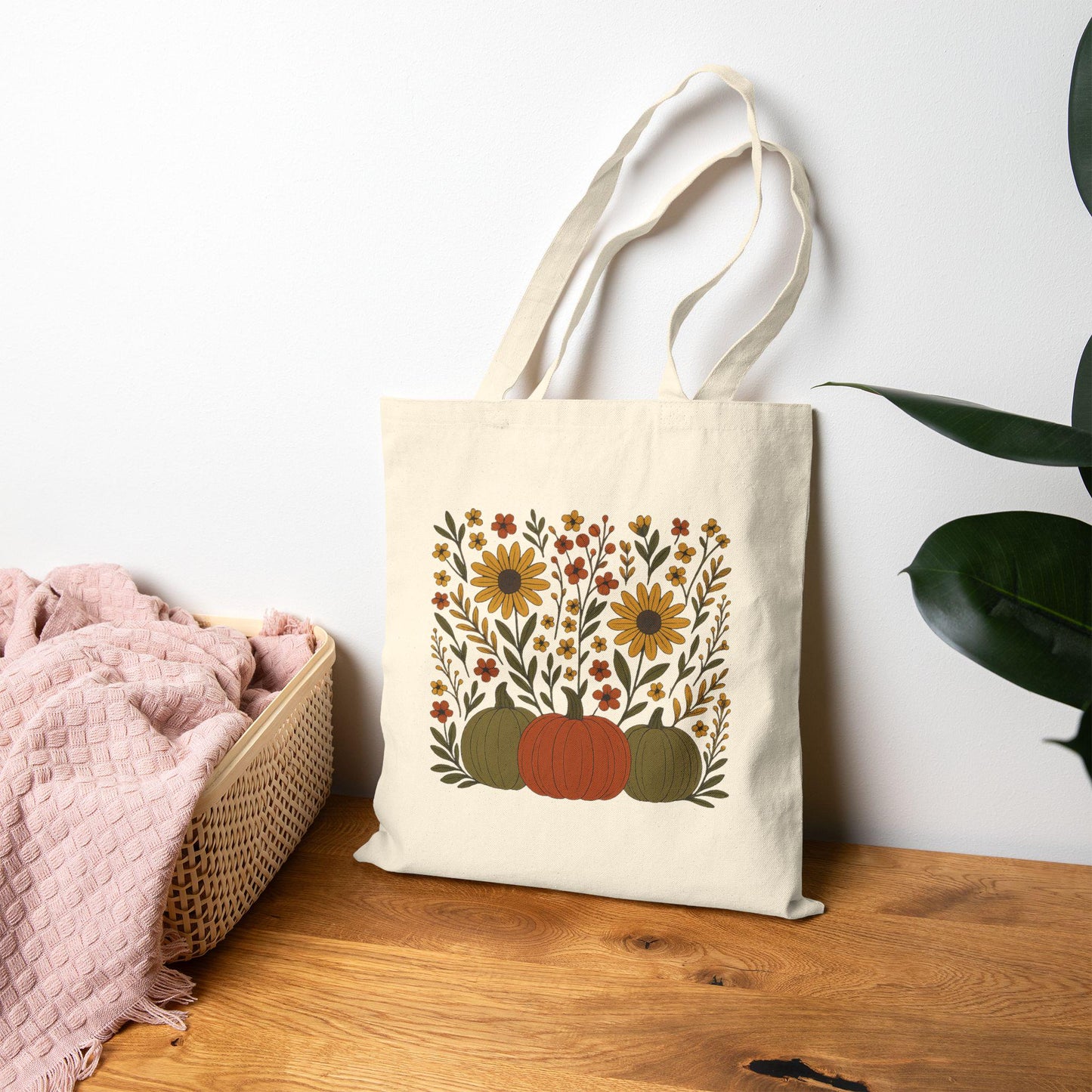 Autumn Botanical Tote Bag, High-Resolution Fall Leaves, Pumpkin & Scroll Design, Cozy Harvest Floral Canvas Gift