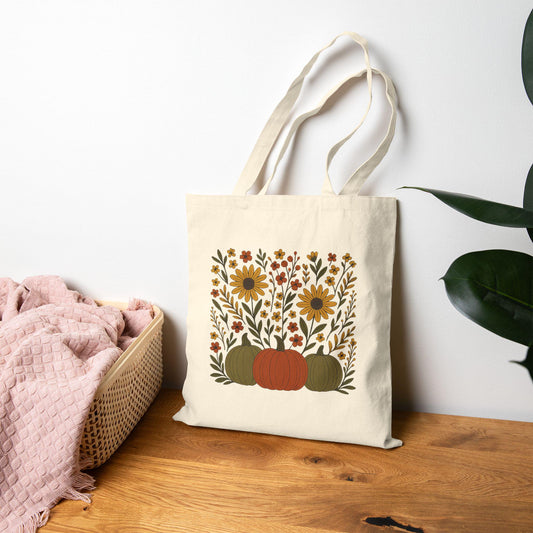 Autumn Botanical Tote Bag, High-Resolution Fall Leaves, Pumpkin & Scroll Design, Cozy Harvest Floral Canvas Gift