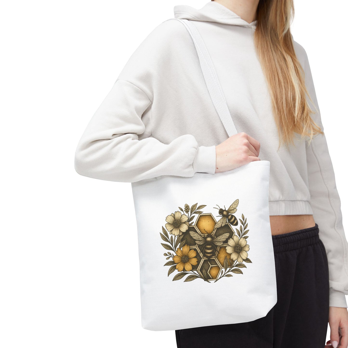 Bee & Honeycomb Tote Bag, Botanical Wildflower Hive Design, Autumn Bee Lover Gift, Bee-Inspired Floral Tote Bag,  Geometrical Shaped design